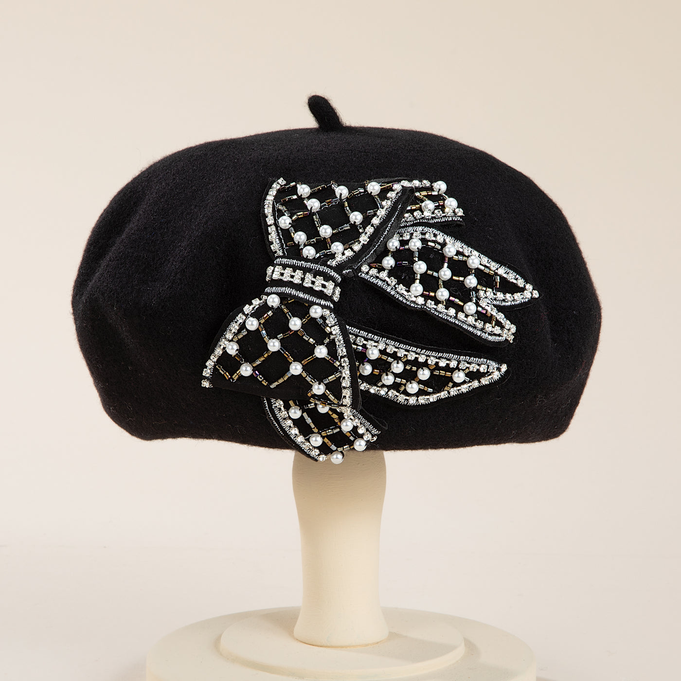 Joelle Black Italian Wool Pearl Bow Beret