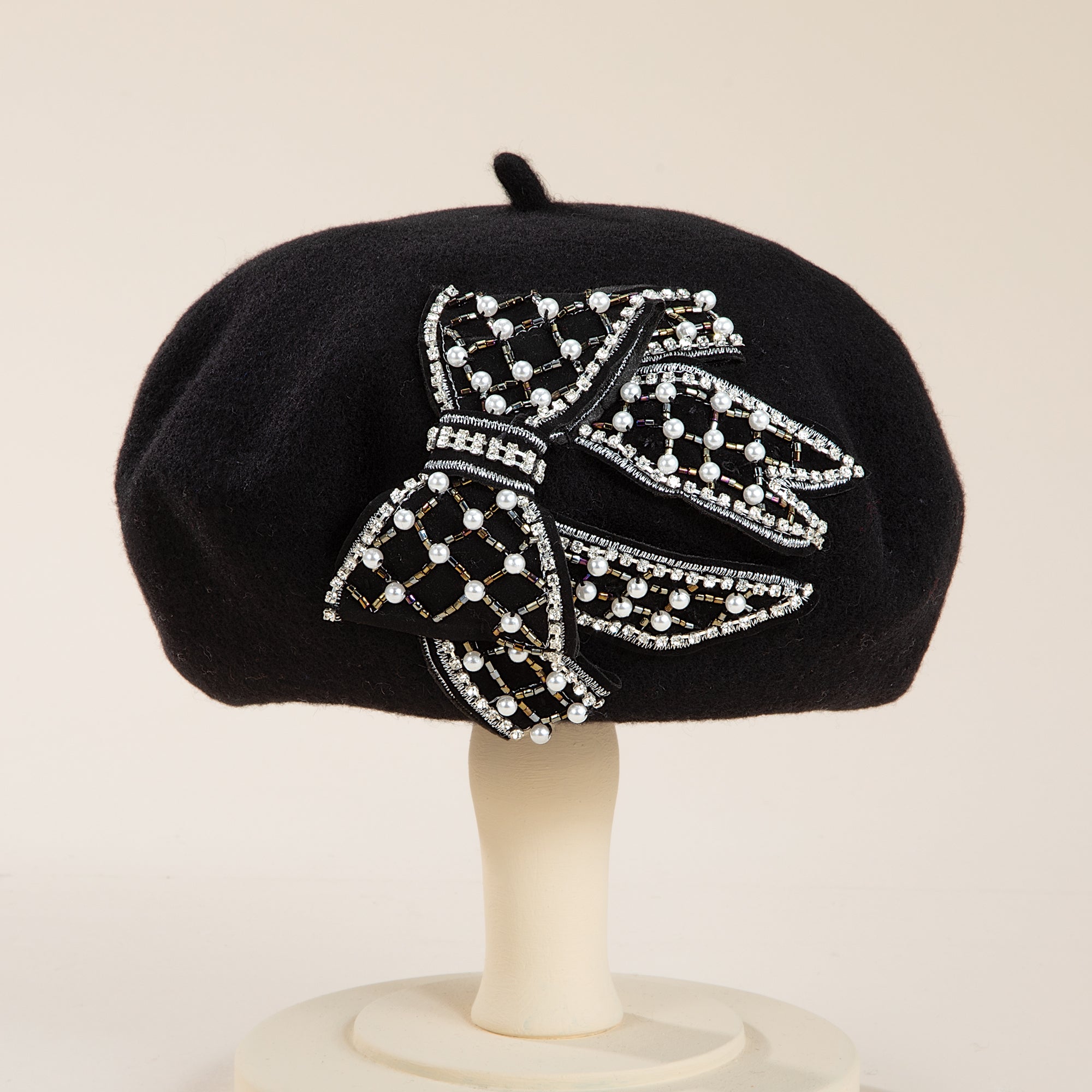 Joelle Black Italian Wool Pearl Bow Beret