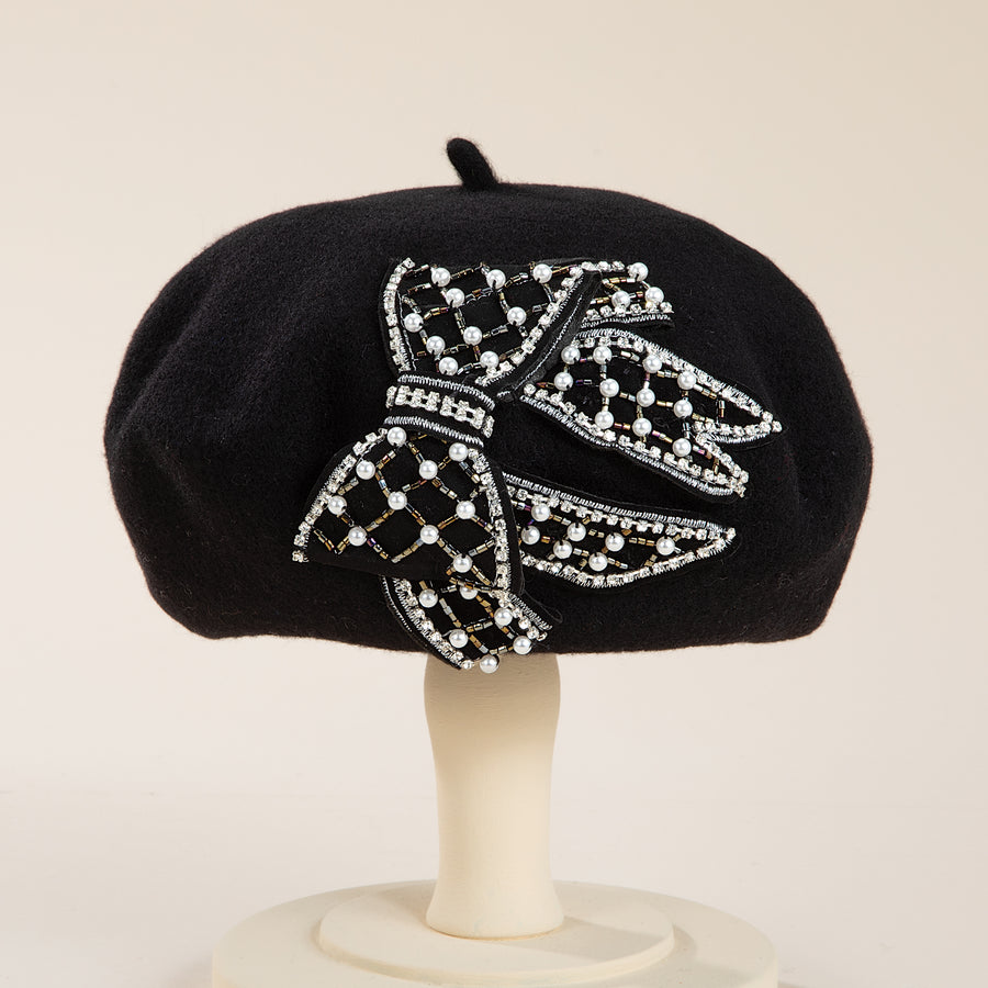 Joelle Black Italian Wool Pearl Bow Beret