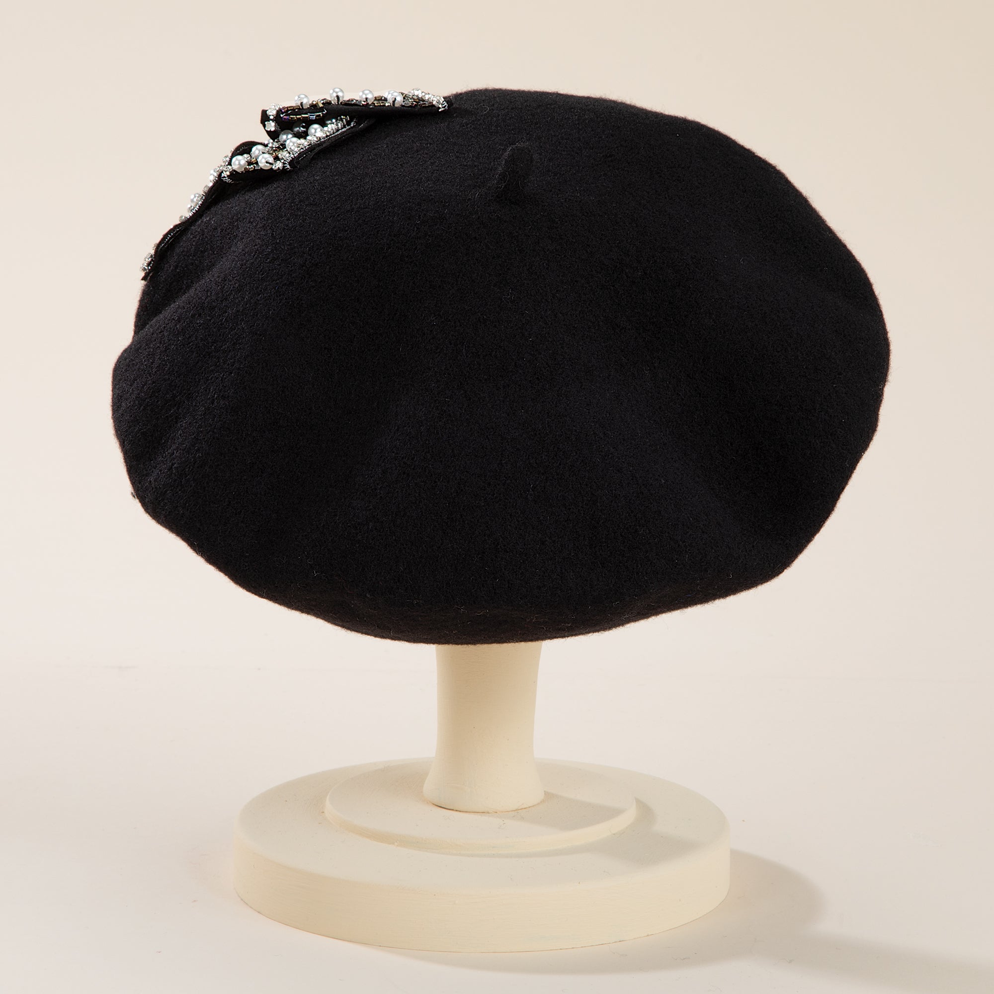 Joelle Black Italian Wool Pearl Bow Beret