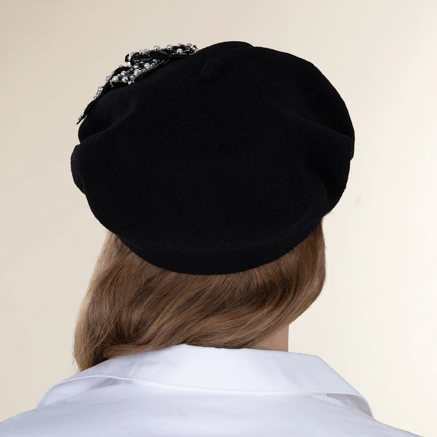 Joelle Black Italian Wool Pearl Bow Beret