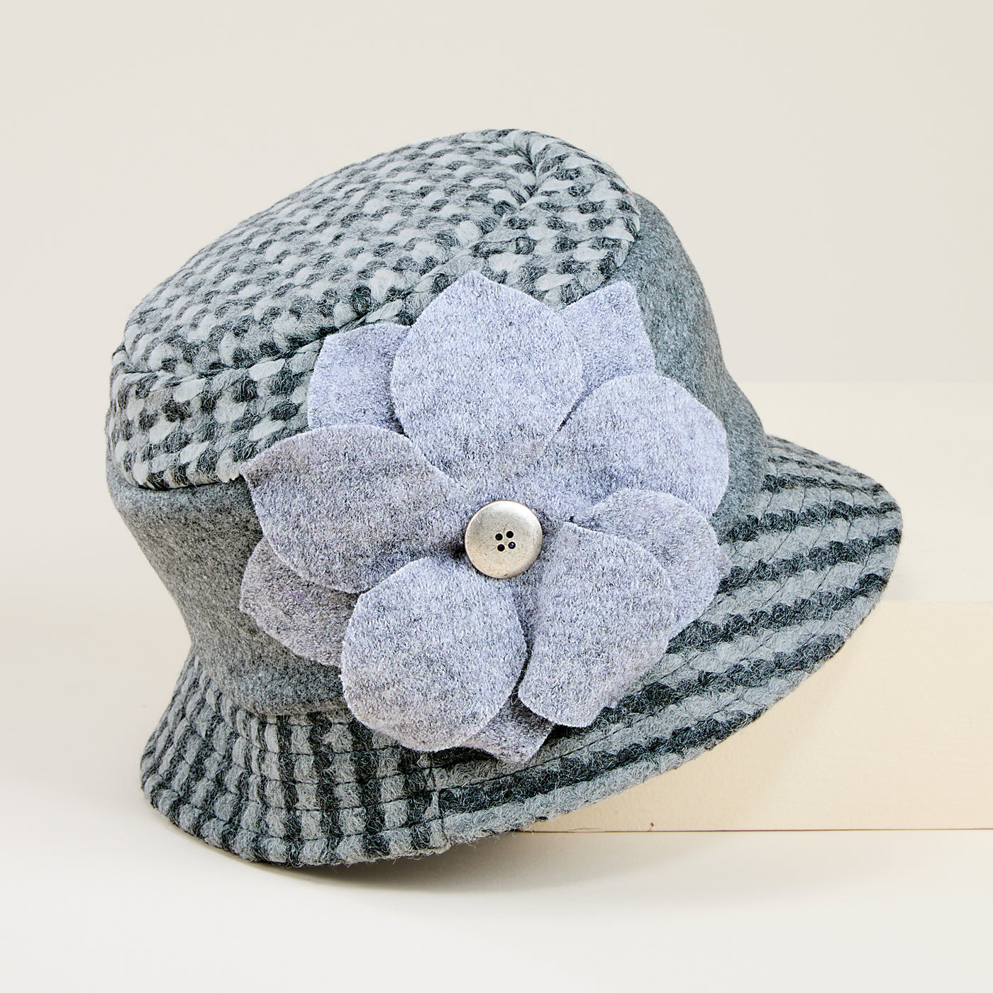 Aria Italian Grey Plaid Wool Floral Bucket Hat