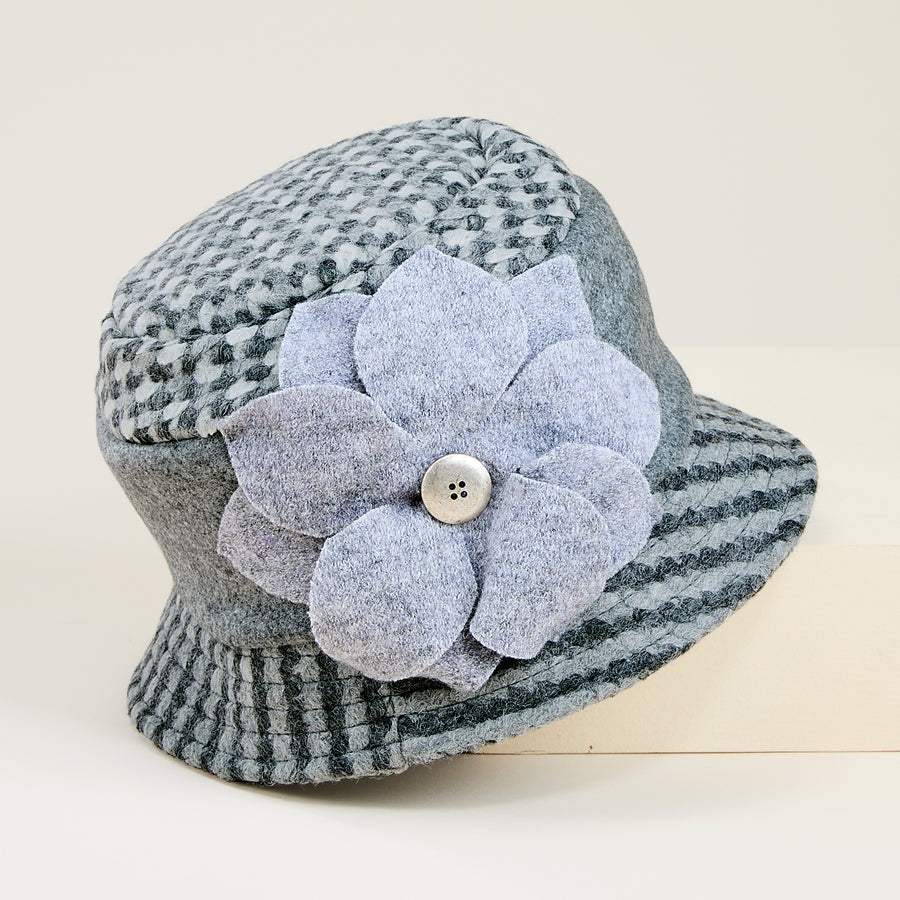 Aria Italian Grey Plaid Wool Floral Bucket Hat