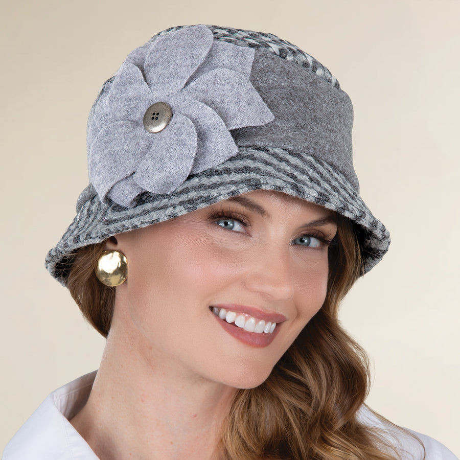 Aria Italian Grey Plaid Wool Floral Bucket Hat
