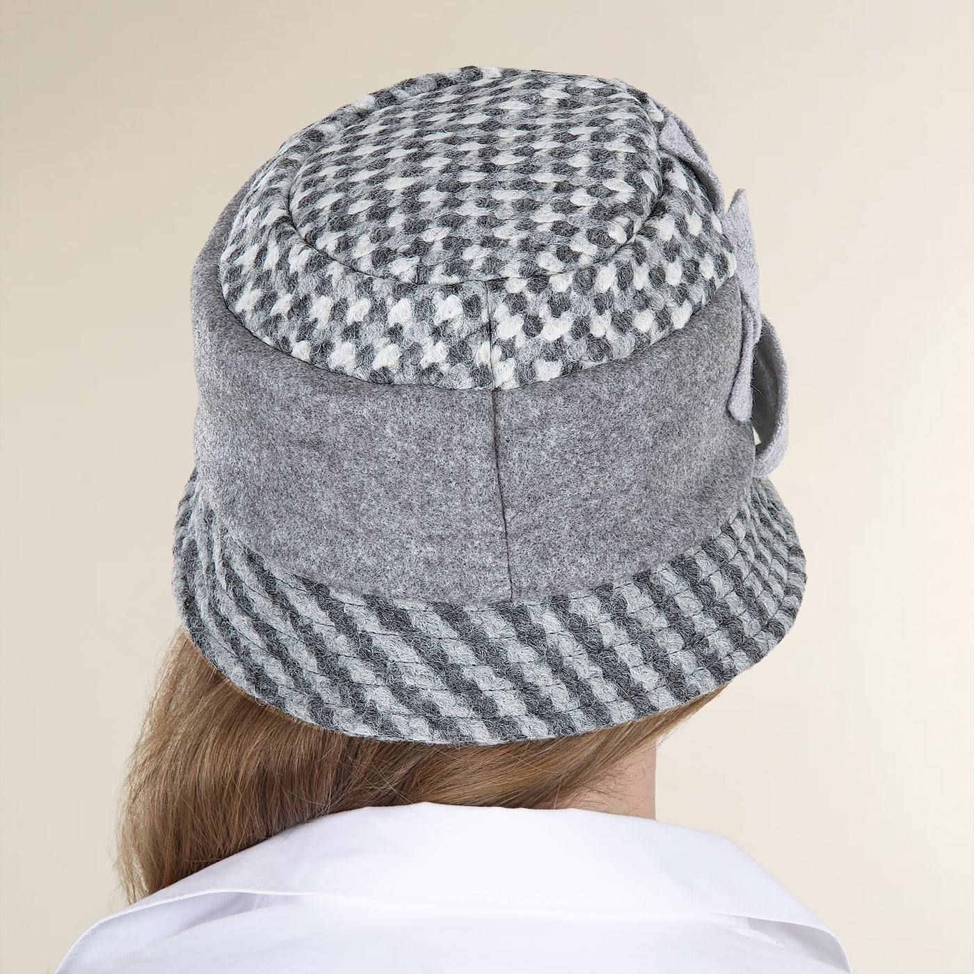 Aria Italian Grey Plaid Wool Floral Bucket Hat
