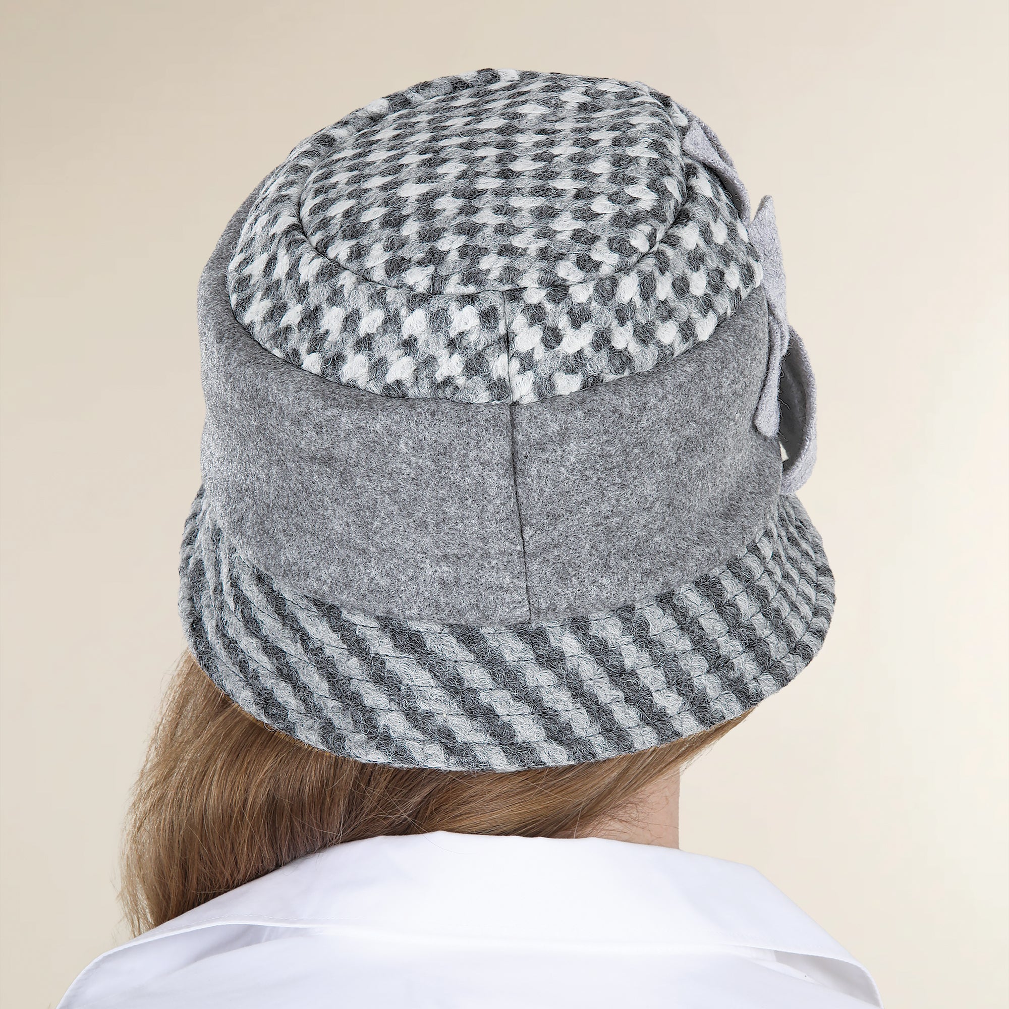 Aria Italian Grey Plaid Wool Floral Bucket Hat
