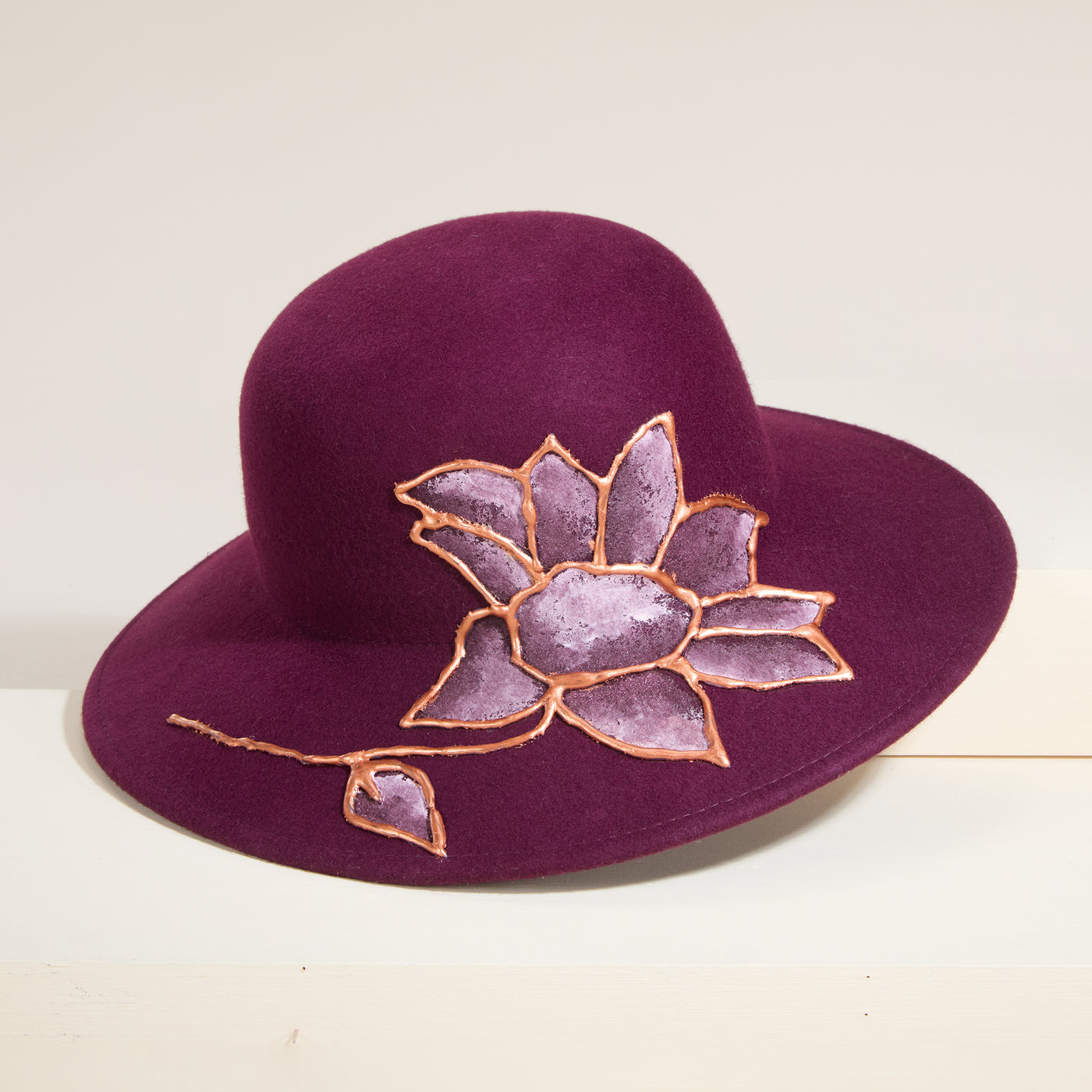 Sophia Hand-Painted Floral Bordeaux Italian Wool Cloche