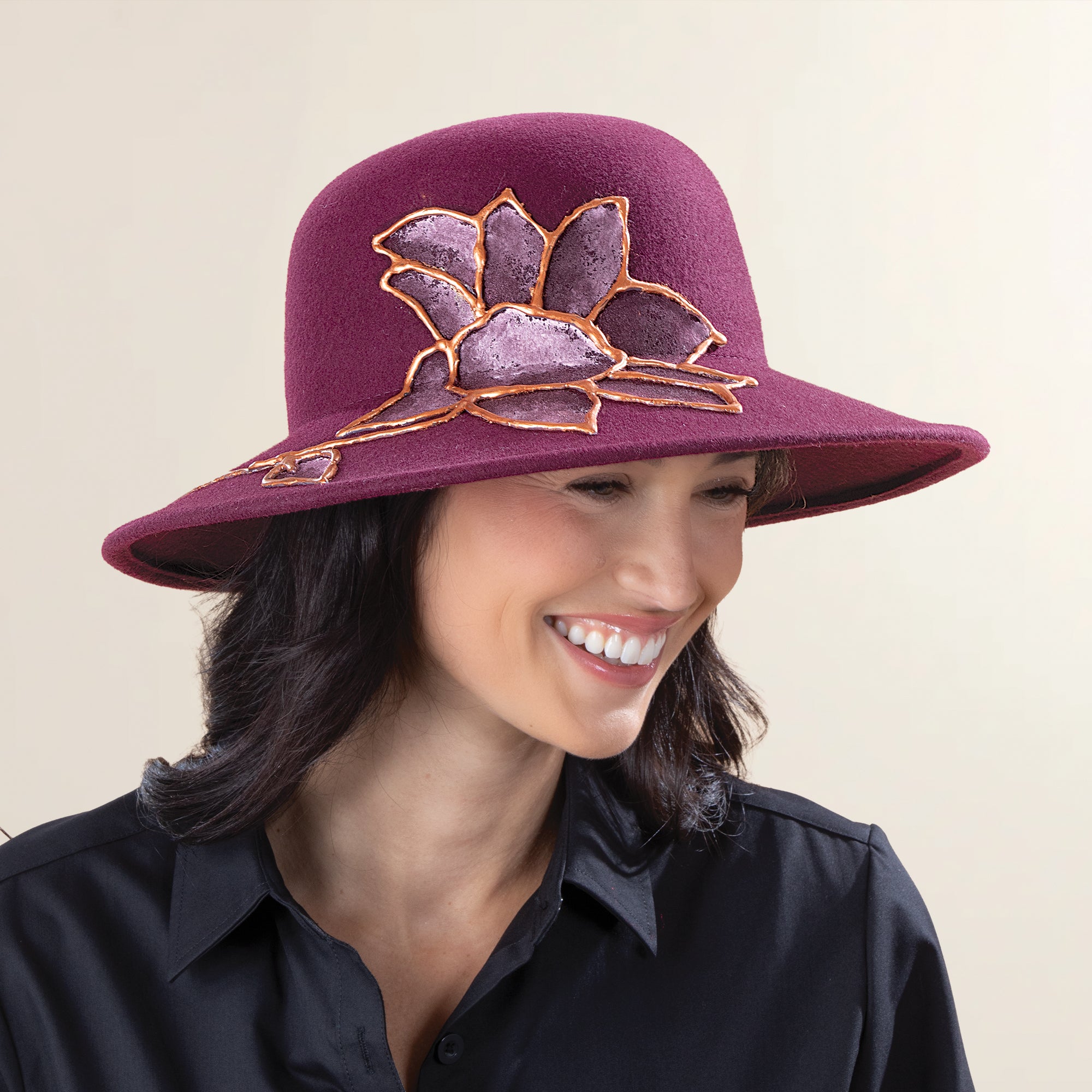 Sophia Hand-Painted Floral Bordeaux Italian Wool Cloche