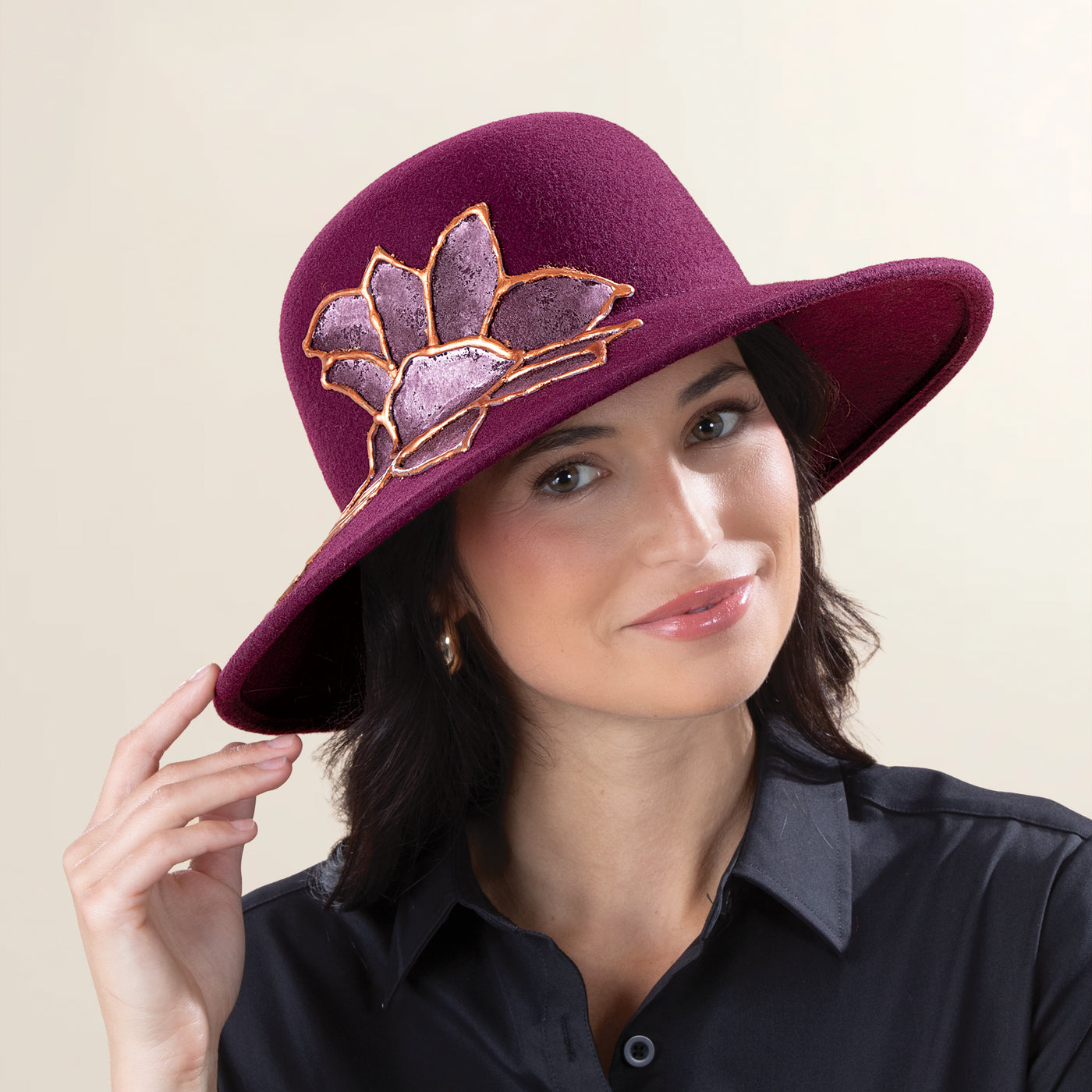 Sophia Hand-Painted Floral Bordeaux Italian Wool Cloche