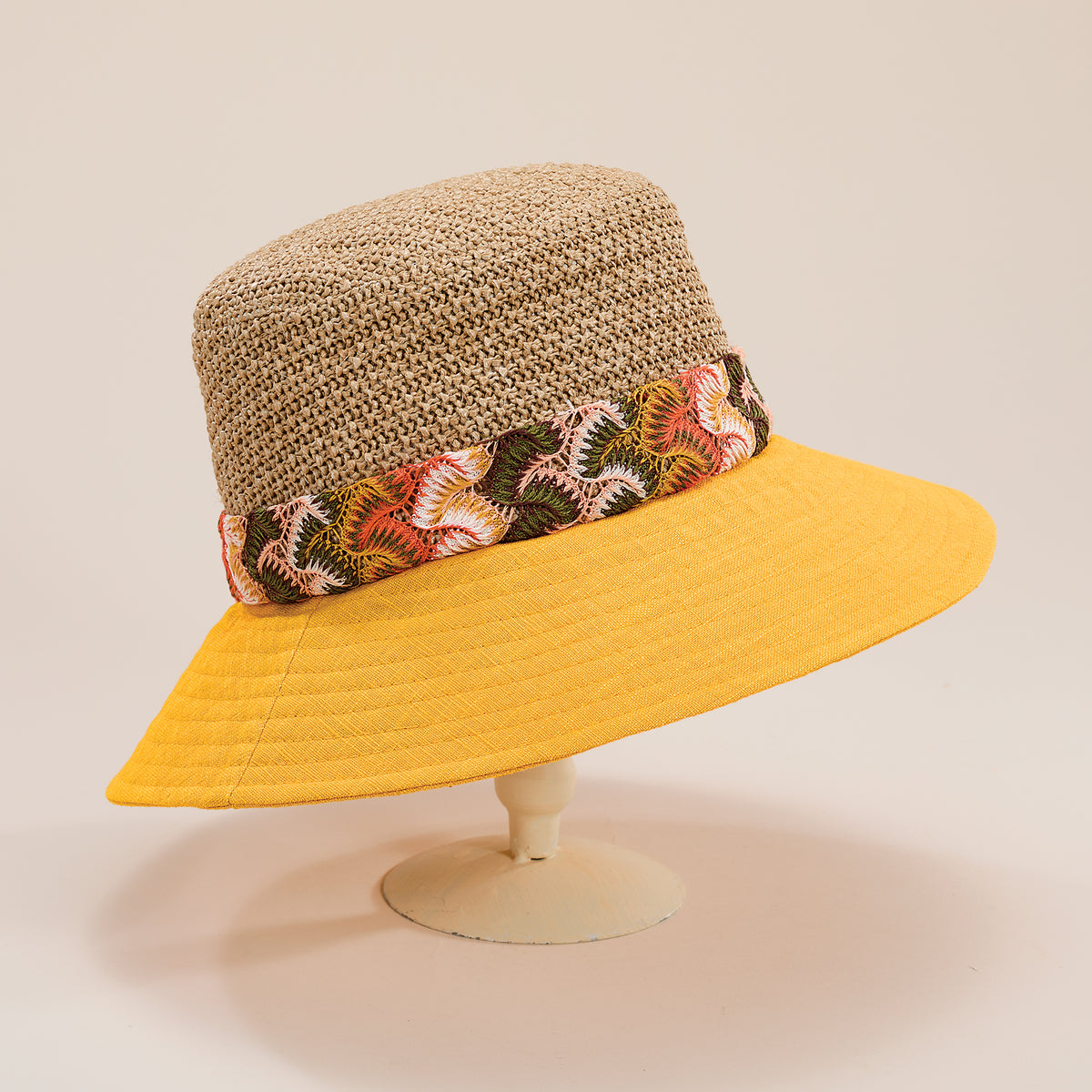 Suzette Natural & Yellow Italian Straw Bucket Hat | Uno Alla  display picture 2