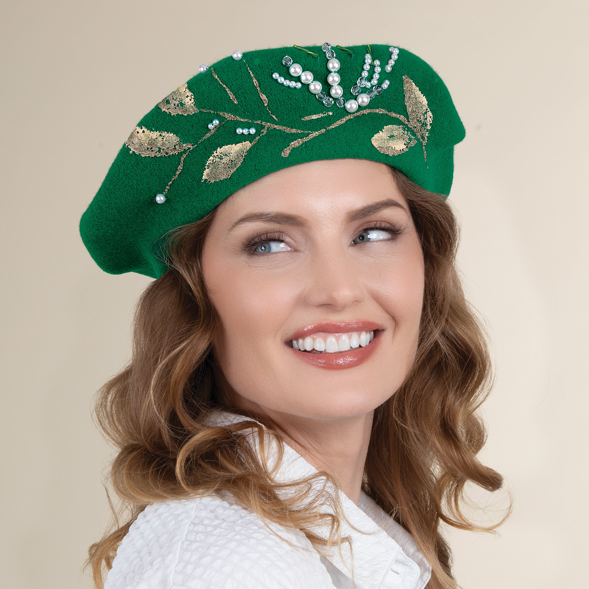 Aurélie Hand-Painted Green Italian Wool Beret