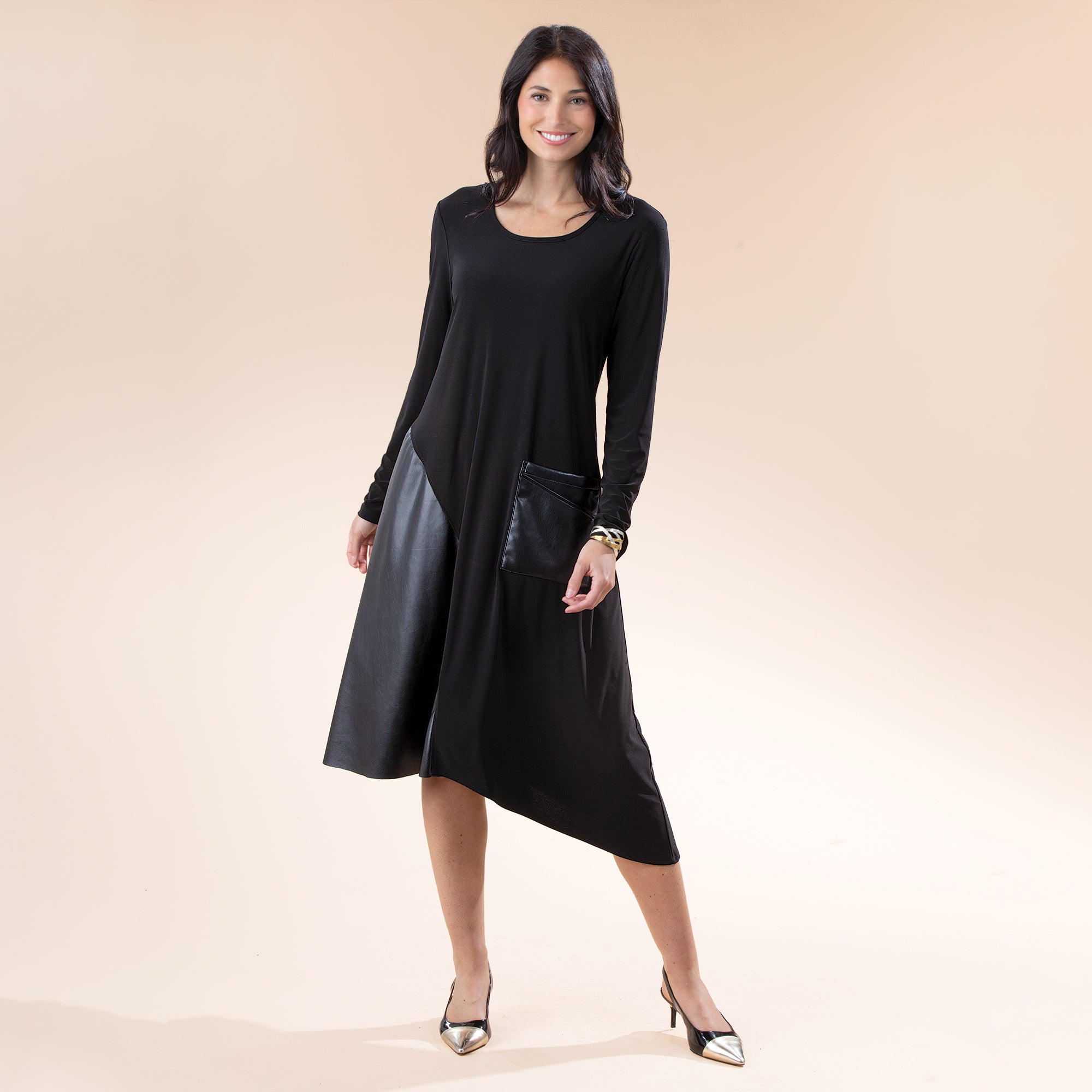 Mixed Materials Black Vegan Leather Dress