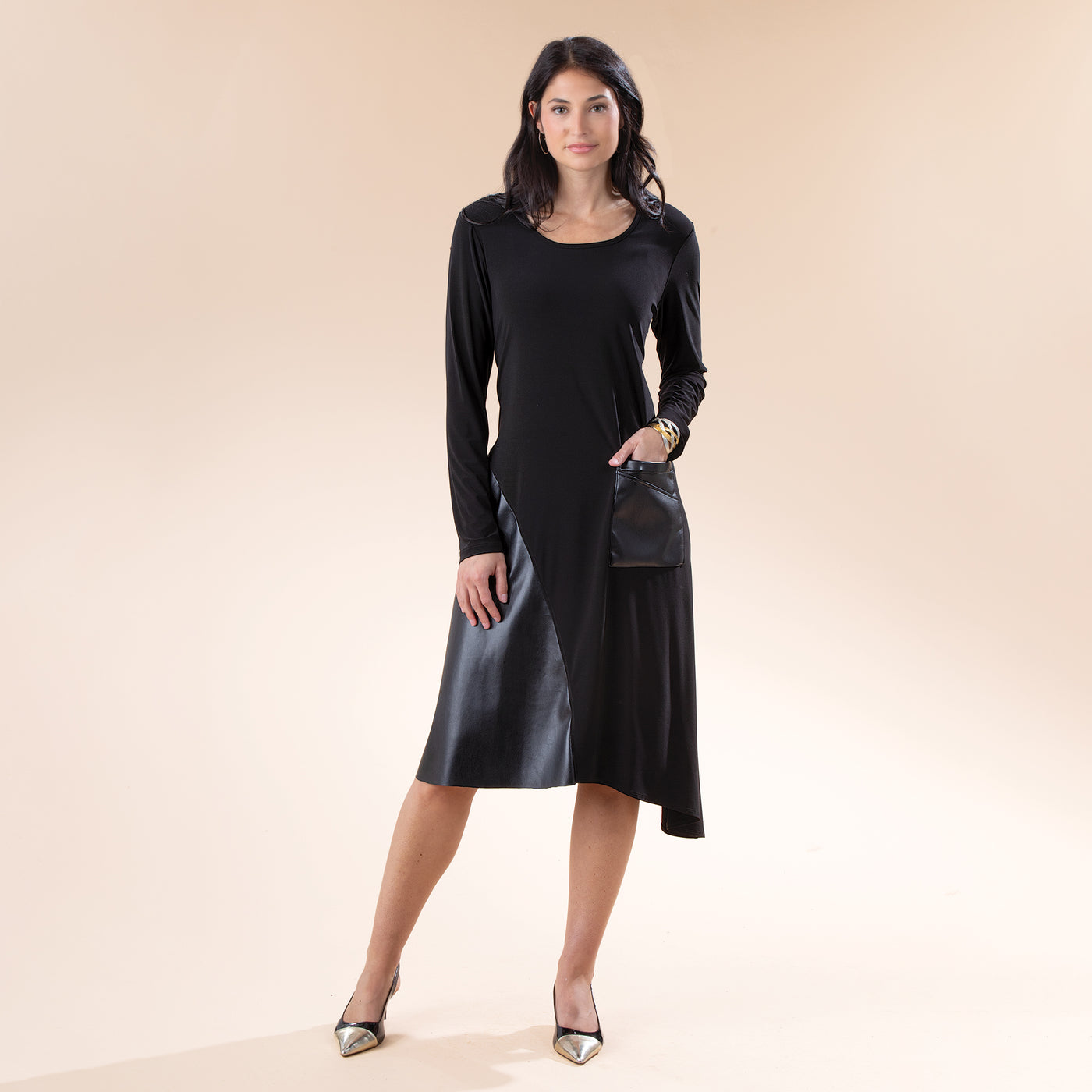 Mixed Materials Black Vegan Leather Dress
