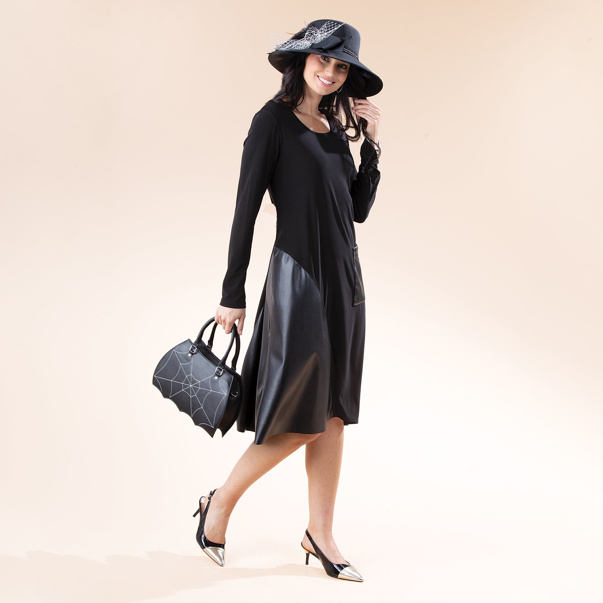 Mixed Materials Black Vegan Leather Dress