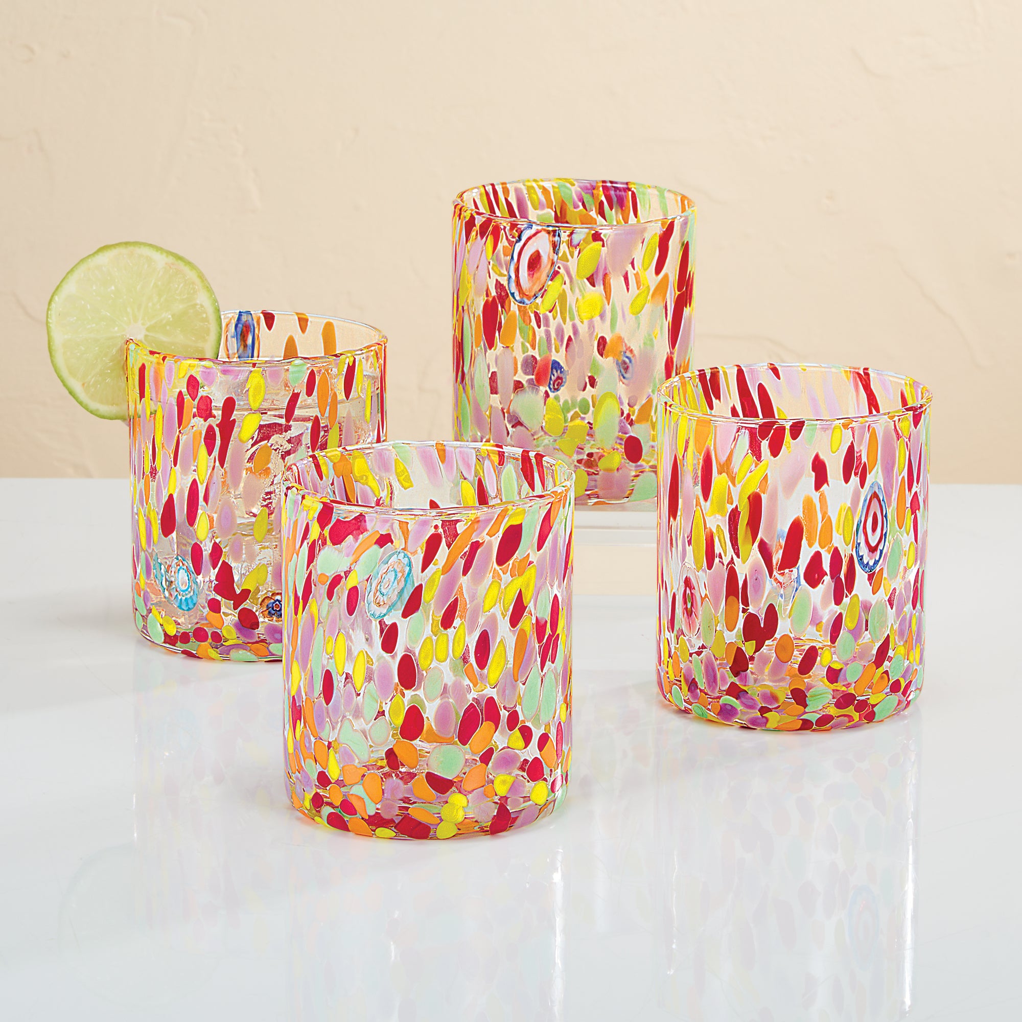 Murano-Style Fuchsia & Yellow Confetti Glasses, Set of 4 (Preorder)