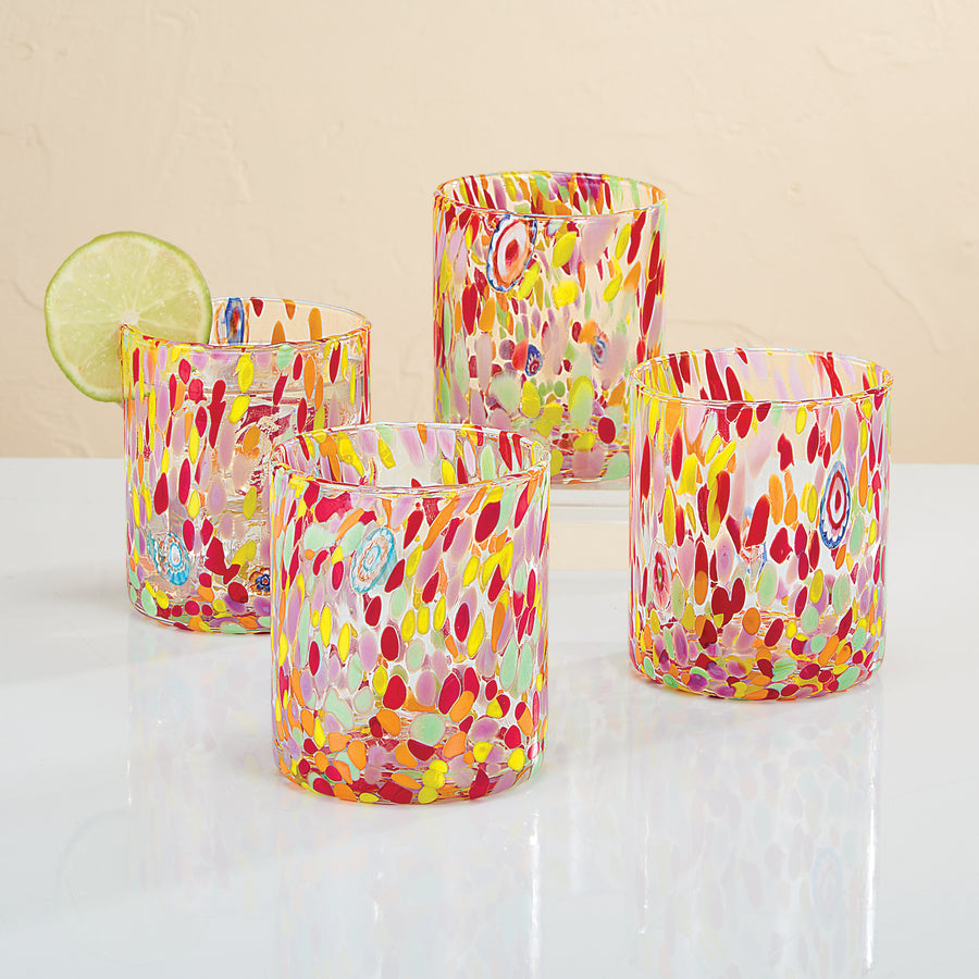 Murano-Style Fuchsia & Yellow Confetti Glasses, Set of 4 (Preorder)