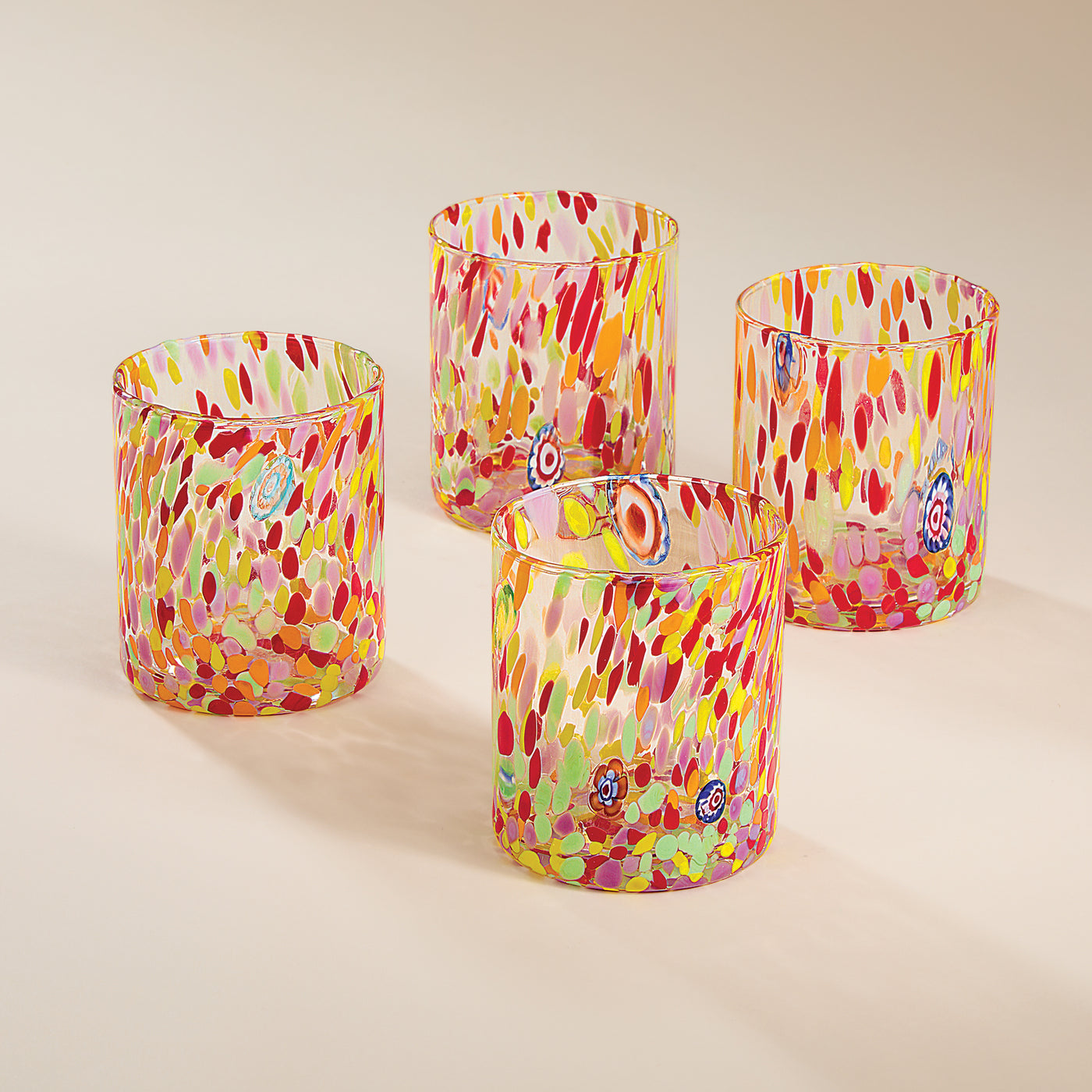 Murano-Style Fuchsia & Yellow Confetti Glasses, Set of 4 (Preorder)