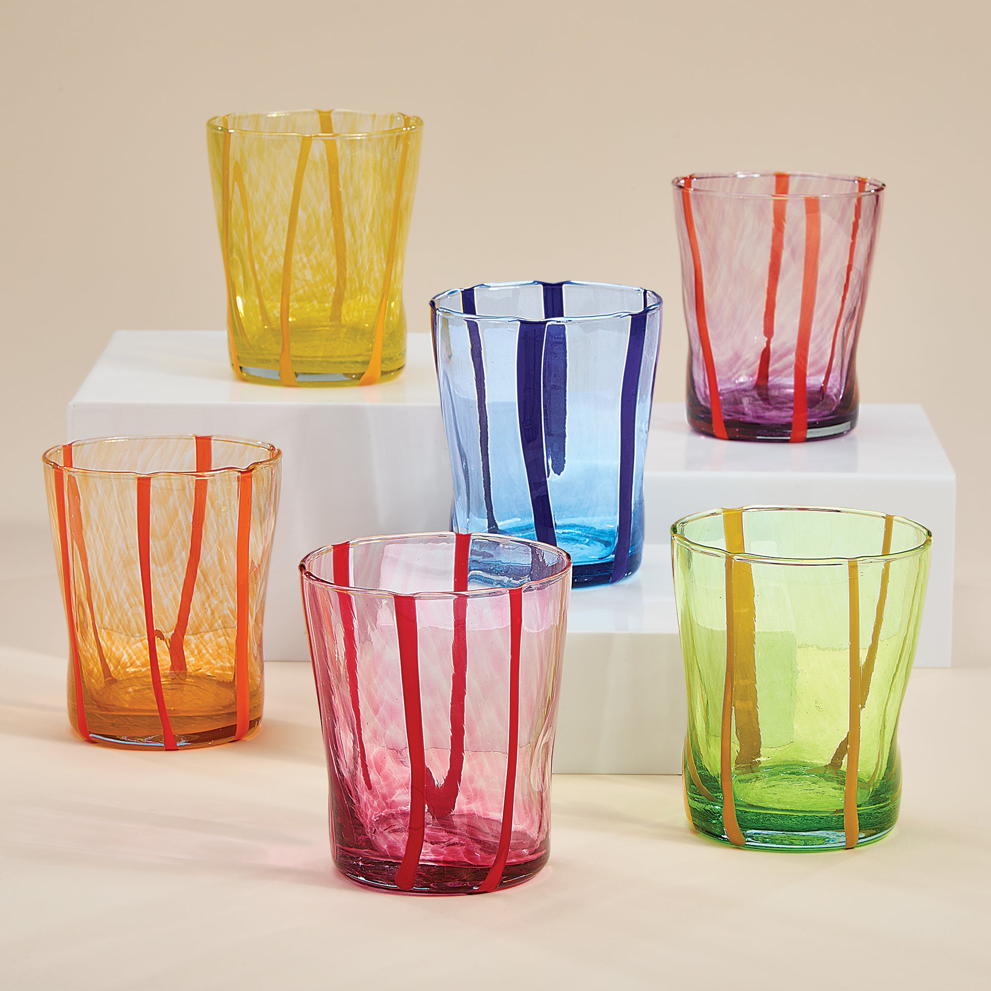 Murano-Style Color on Color Striped Drinking Glasses, Set of 6