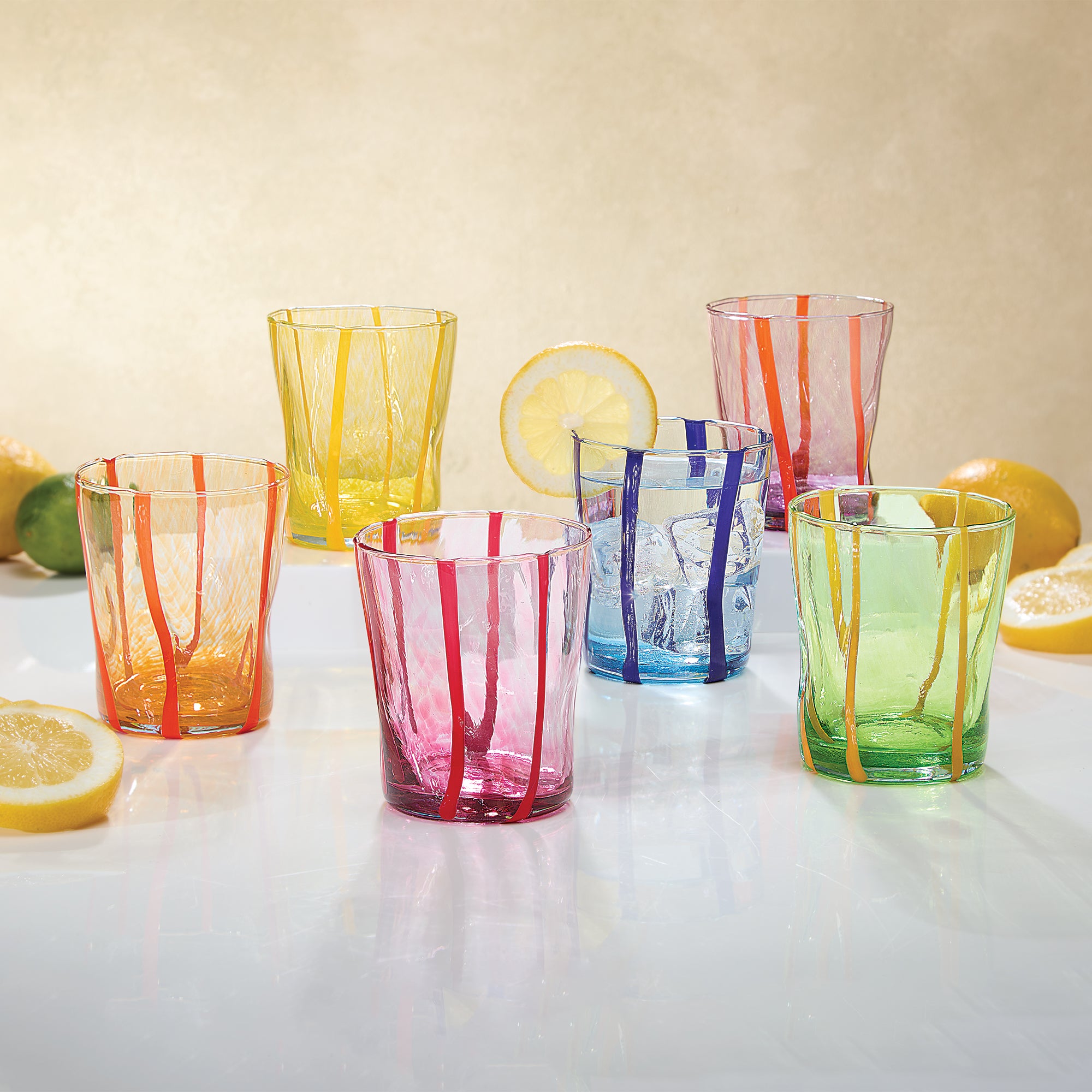 Murano-Style Color on Color Striped Drinking Glasses, Set of 6