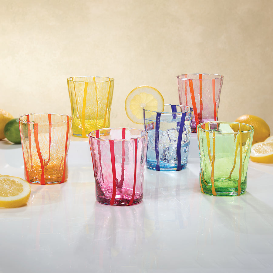 Murano-Style Color on Color Striped Drinking Glasses, Set of 6