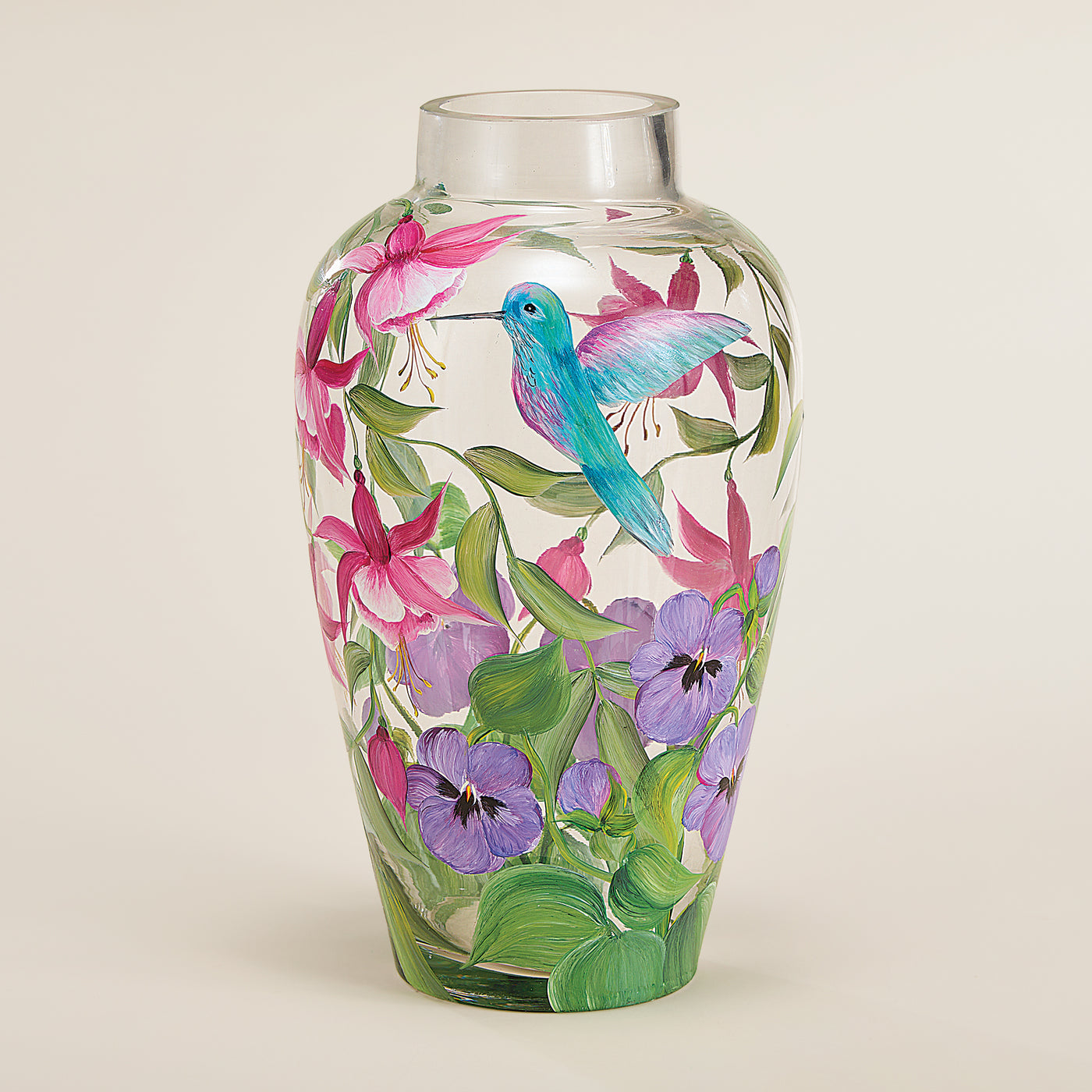 Hand-Painted Precious Pansies & Hummingbird Vase (Preorder)