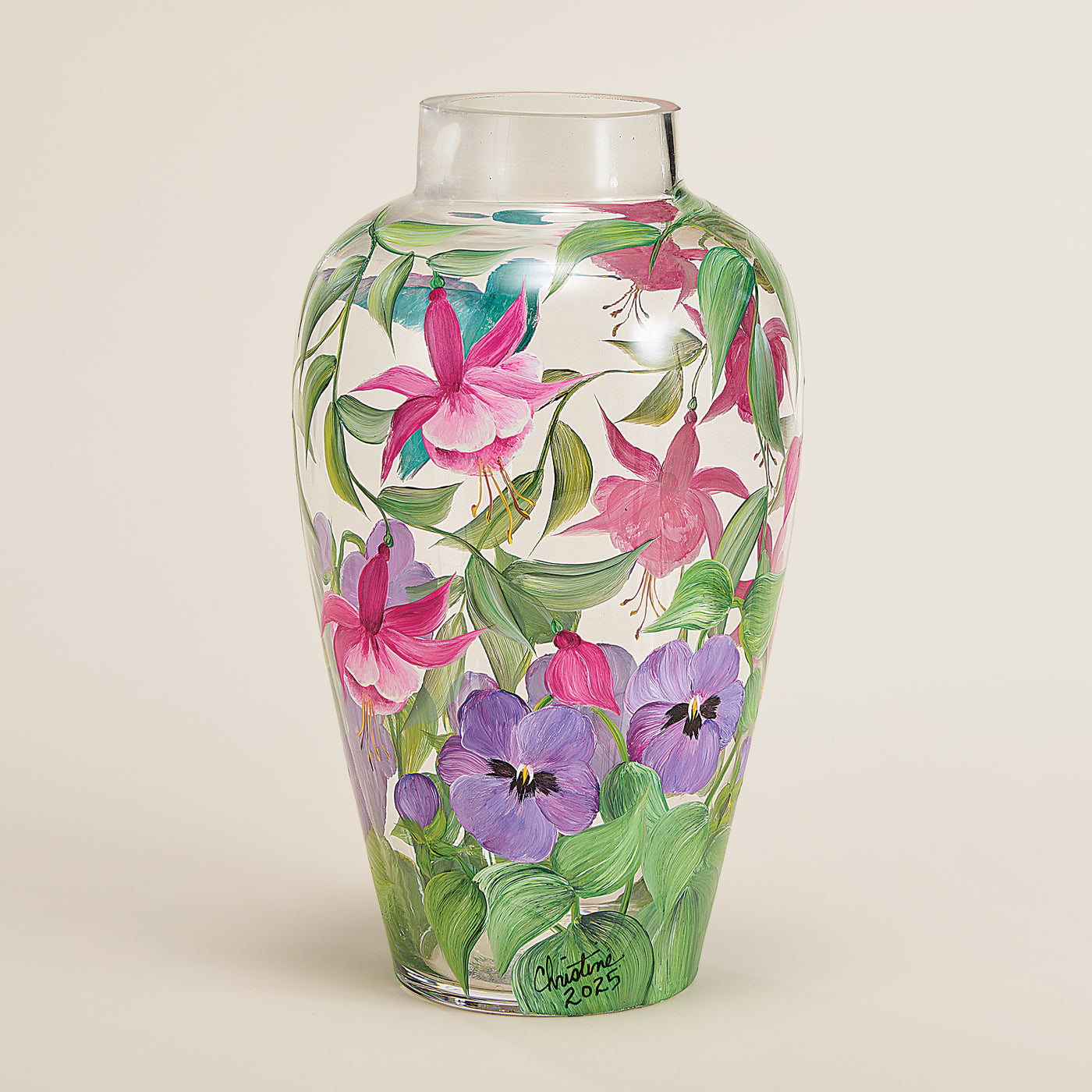 Hand-Painted Precious Pansies & Hummingbird Vase (Preorder)