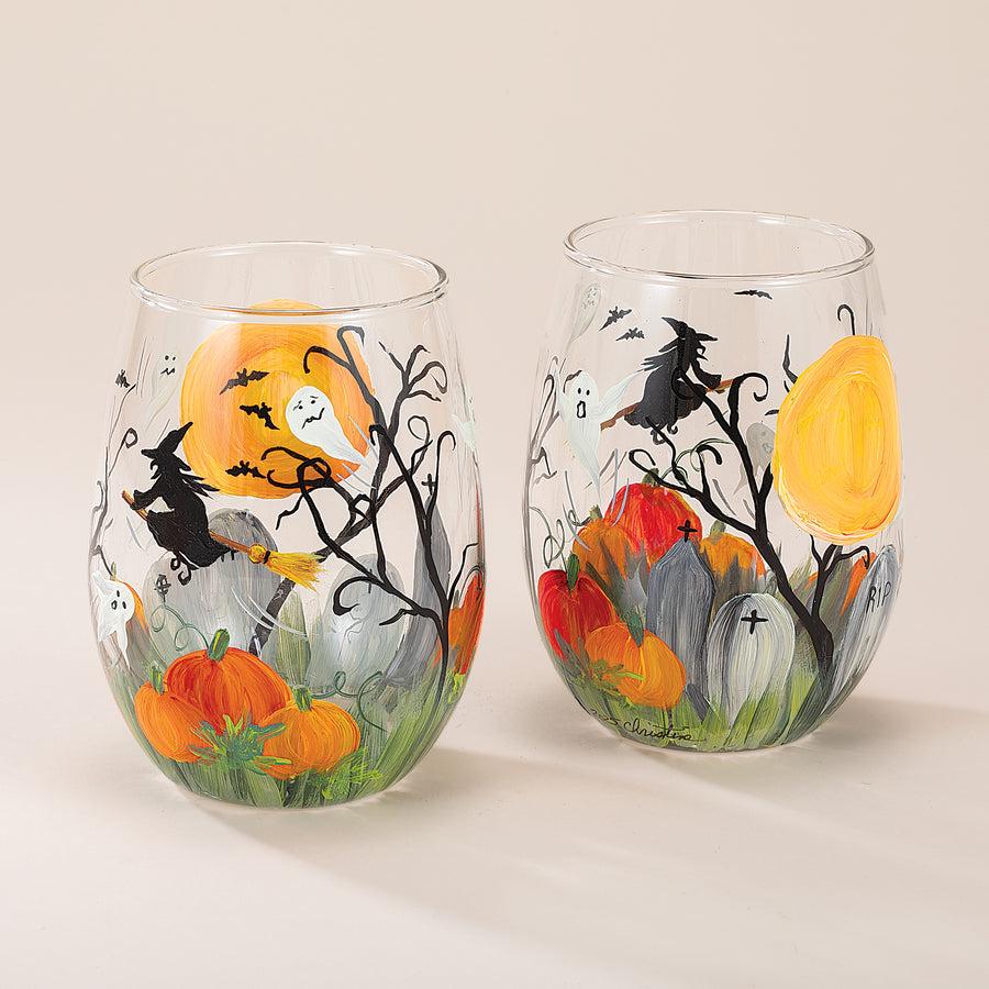 Hand-Painted Halloween Haunts Stemless Wine Glass
