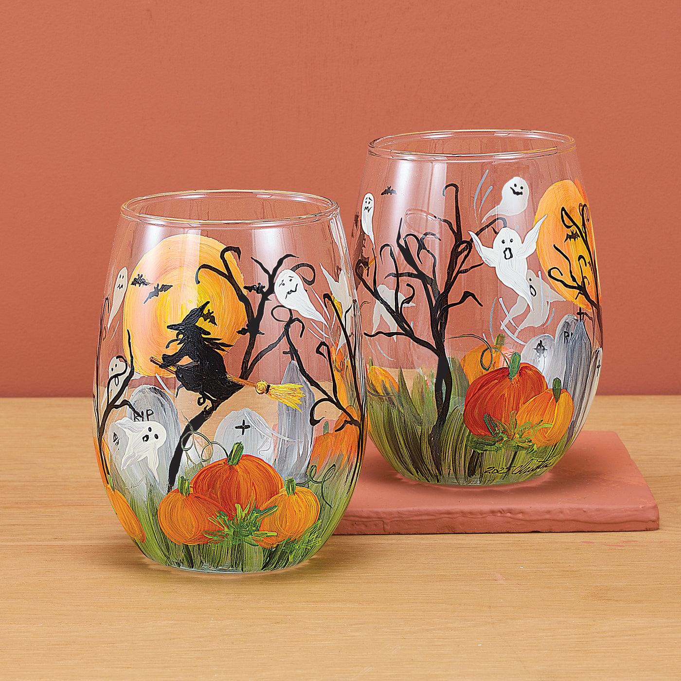 Hand-Painted Halloween Haunts Stemless Wine Glass
