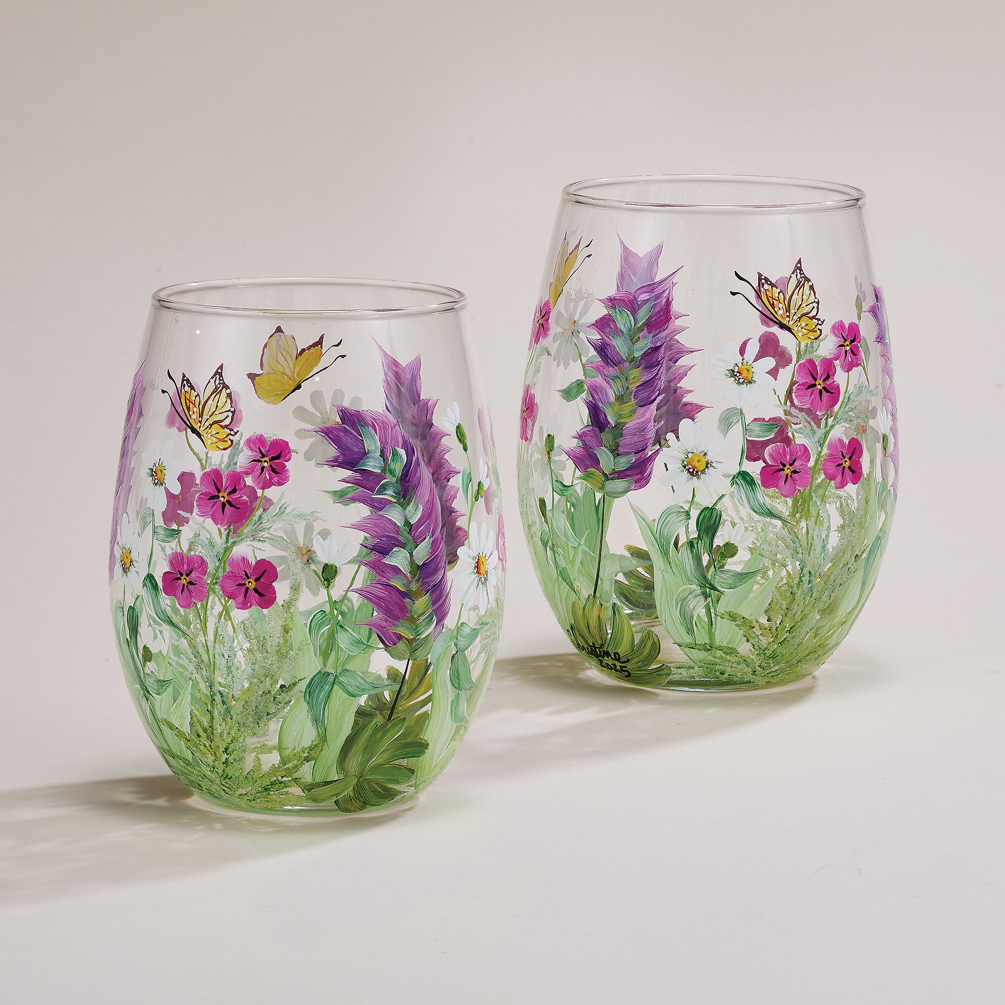 Hand-Painted Butterfly Garden Stemless Wine Glass (Preorder)