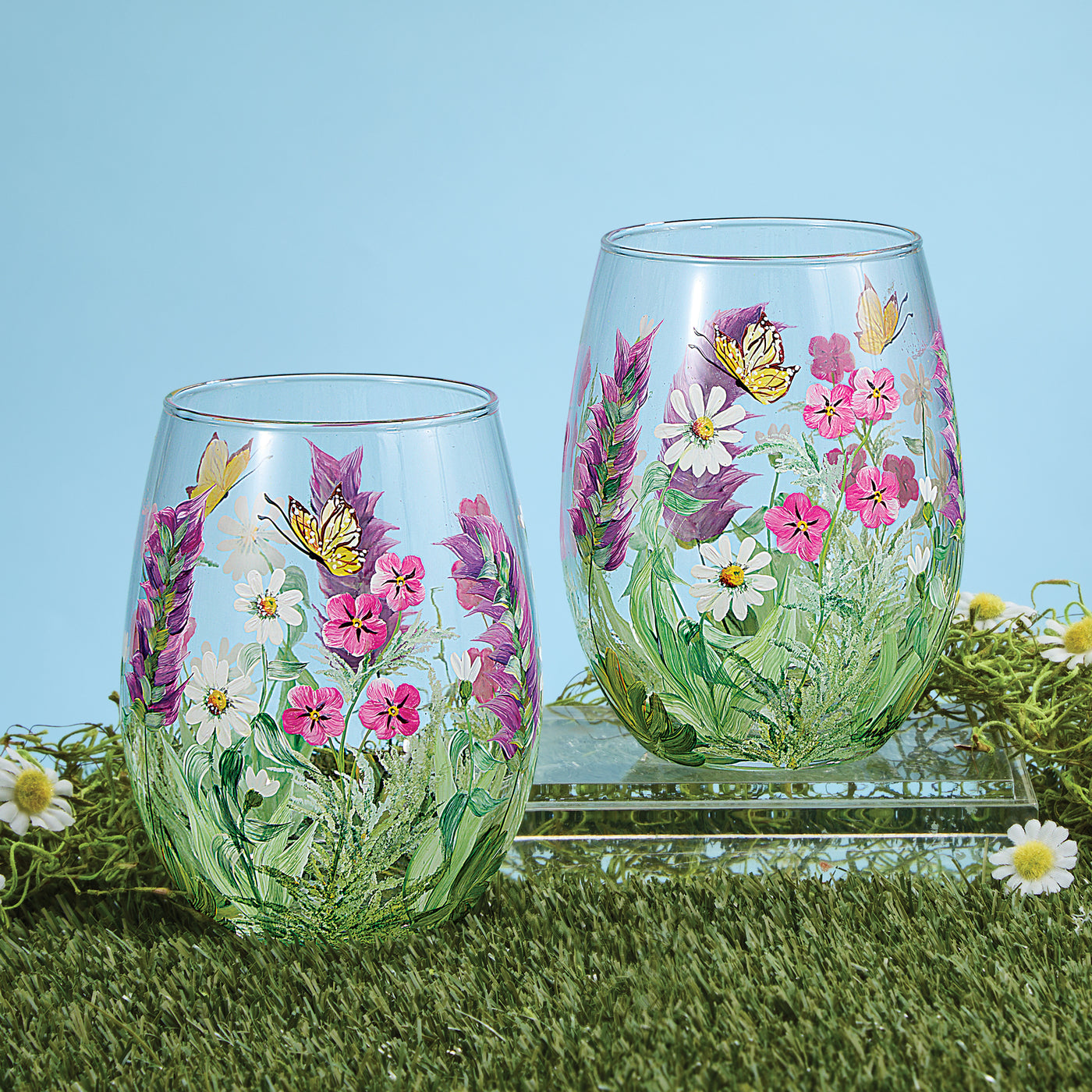 Hand-Painted Butterfly Garden Stemless Wine Glass (Preorder)