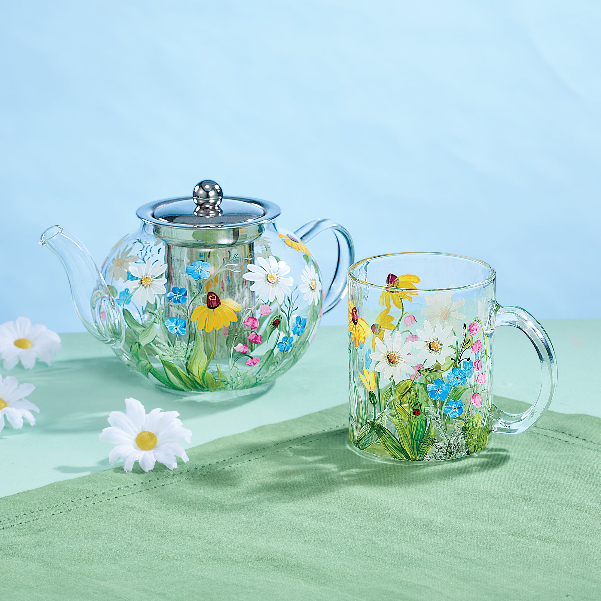 Hand-Painted Wildflowers Glass Teapot