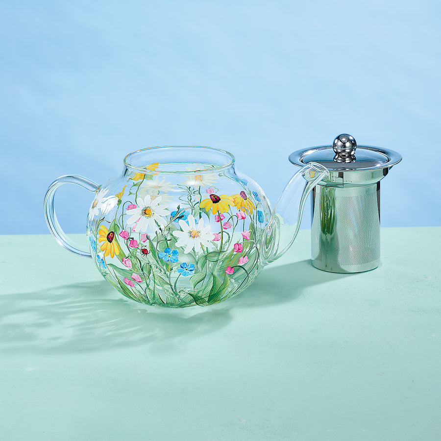 Hand-Painted Wildflowers Glass Teapot