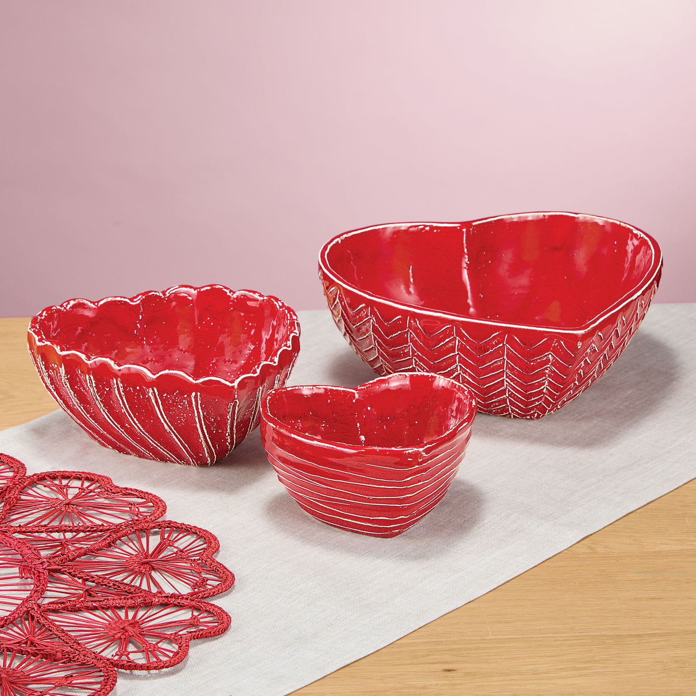 Red Hearts Ceramic Nesting Bowls Set of 3