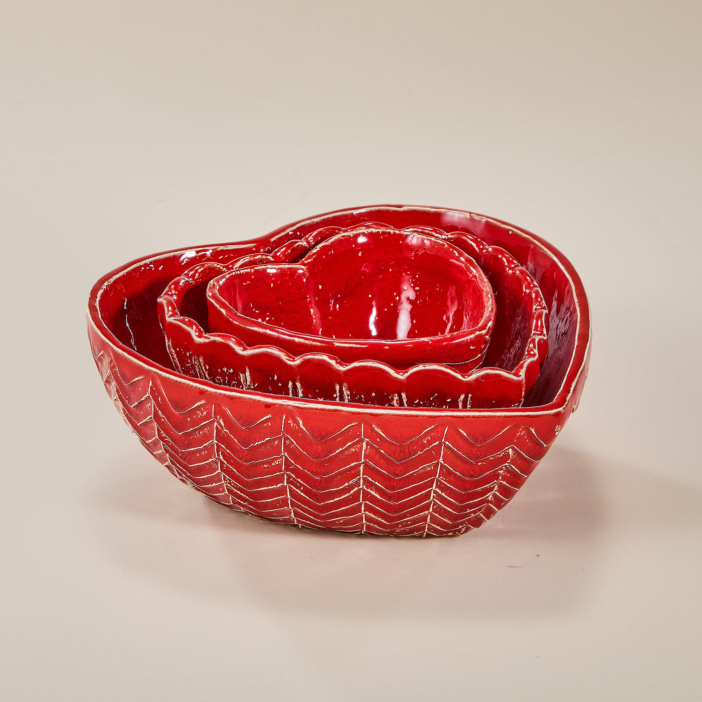 Red Hearts Ceramic Nesting Bowls Set of 3