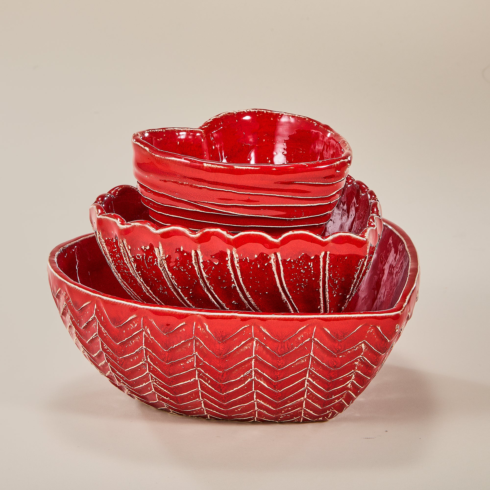 Red Hearts Ceramic Nesting Bowls Set of 3