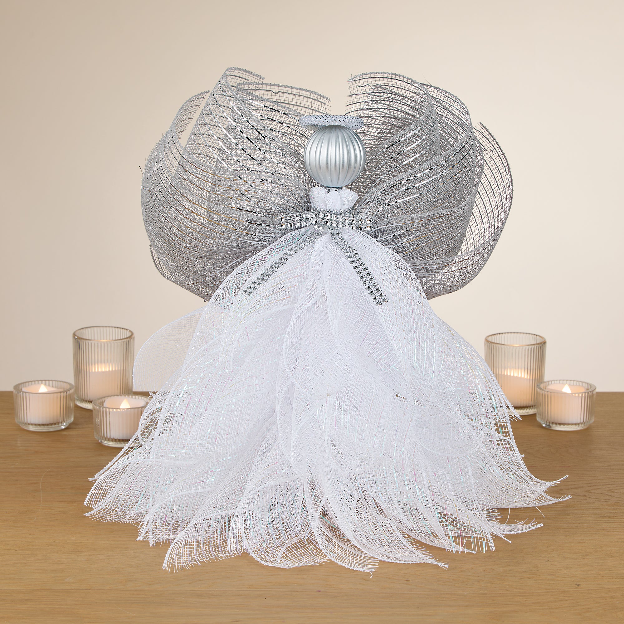 Shimmering Silver & White Mesh Angel Tree Topper
