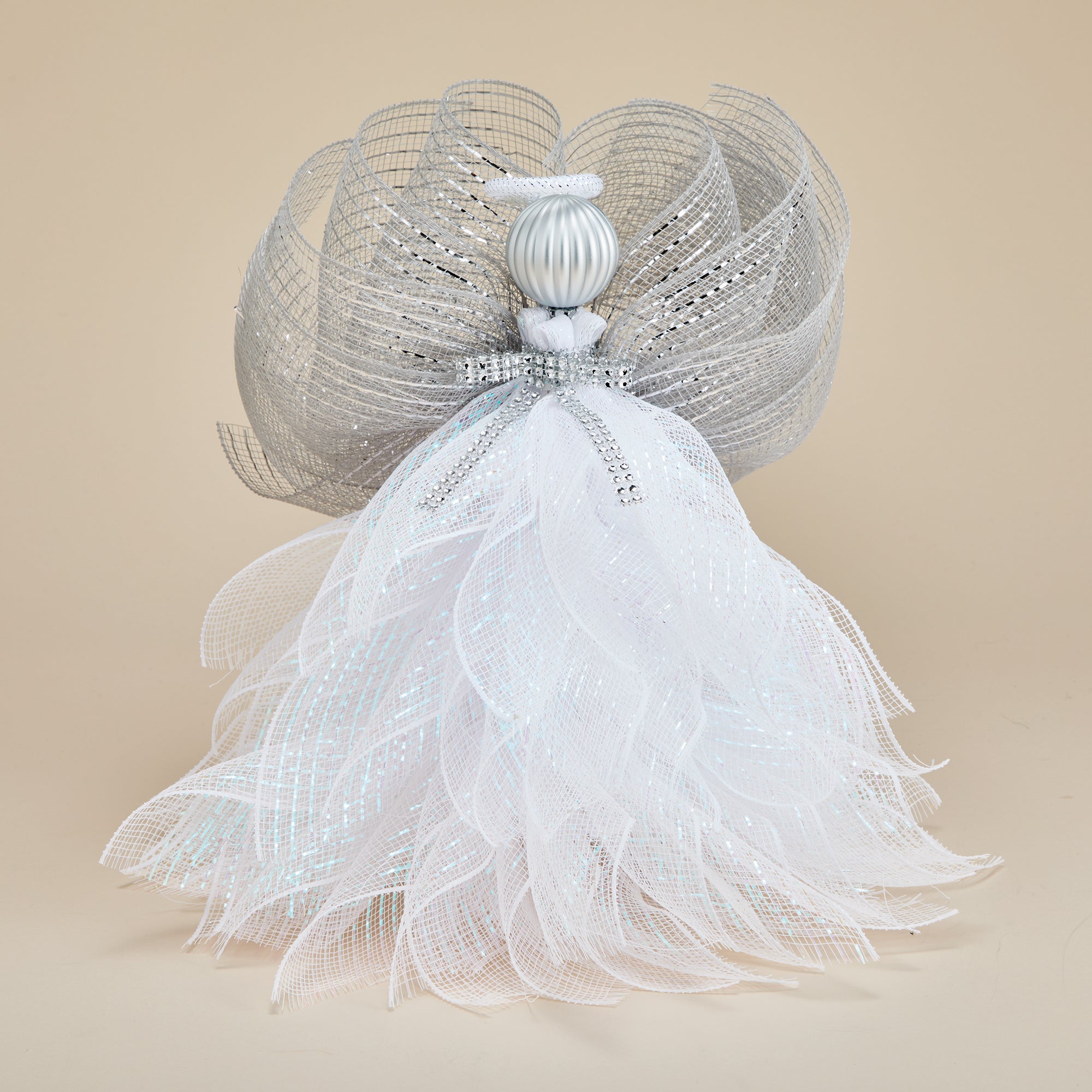Shimmering Silver & White Mesh Angel Tree Topper