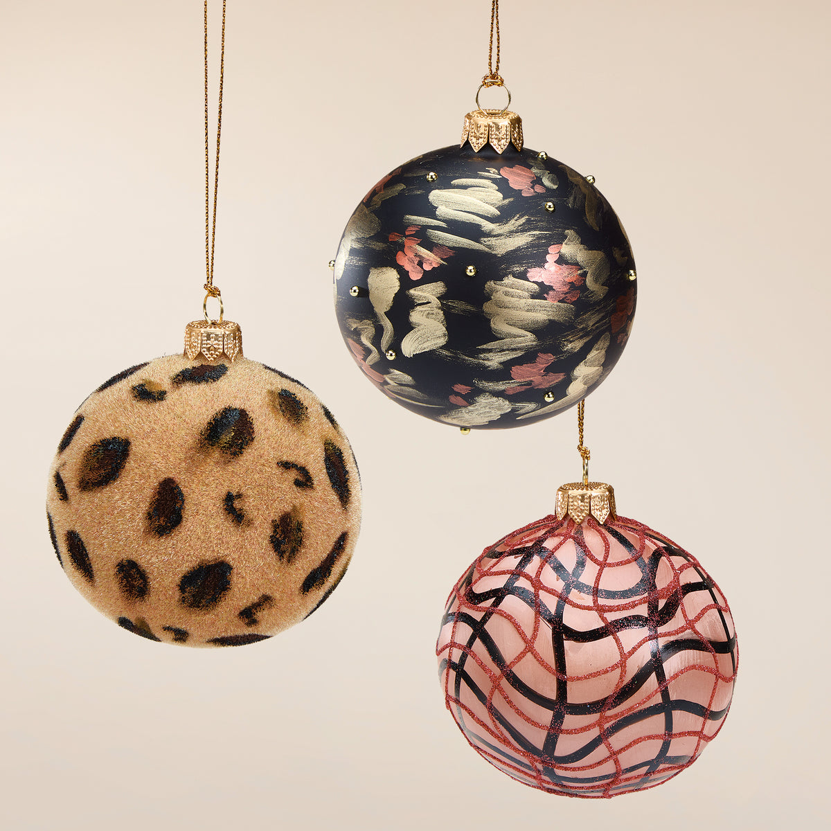 Hand-Blown Animal Print-Inspired Glass Ornaments, Set of 3 (Preorder)