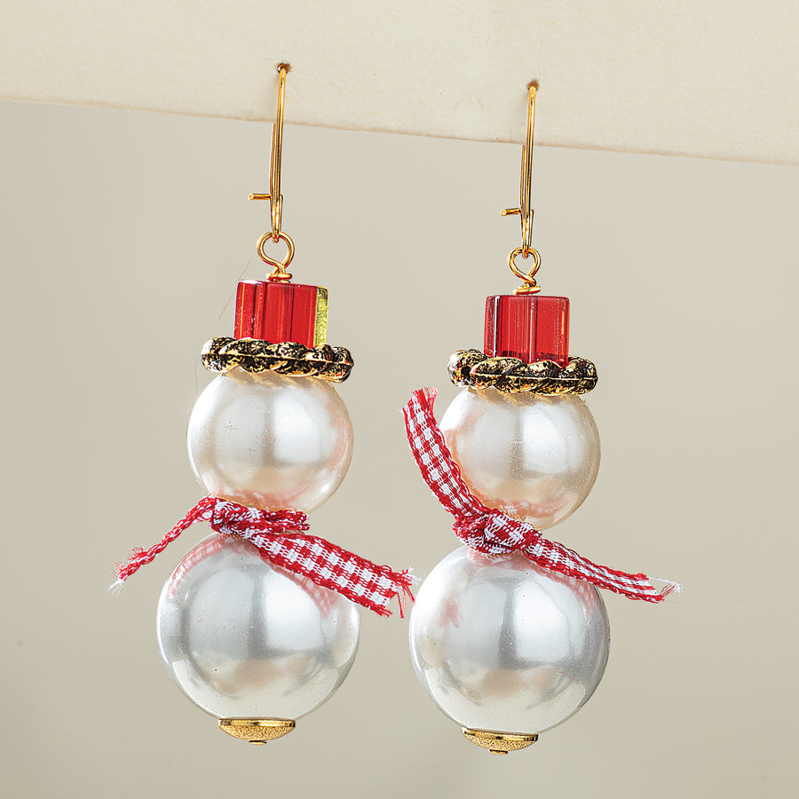 Gingham & Pearl Snowman Earrings