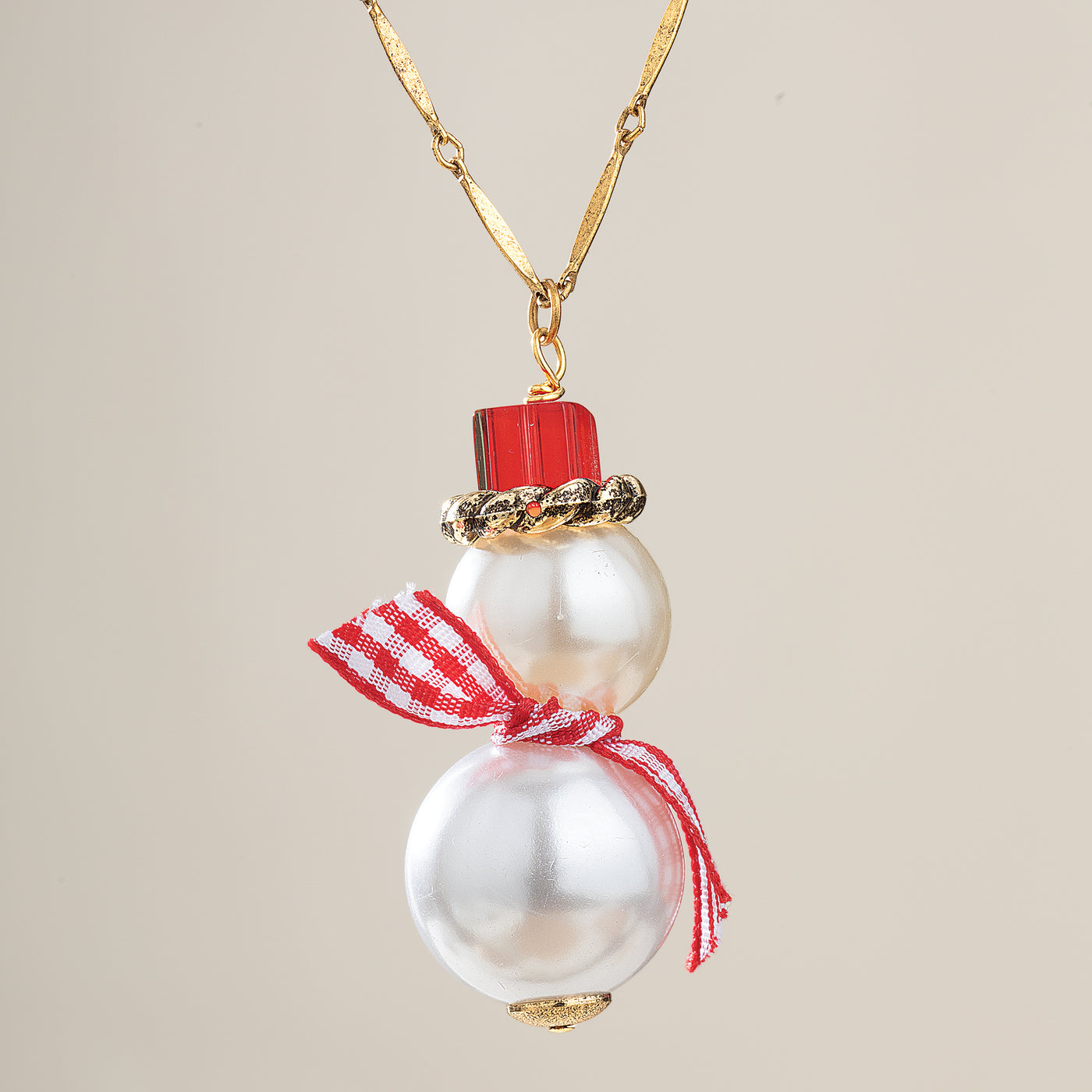 Gingham & Pearl Snowman Necklace