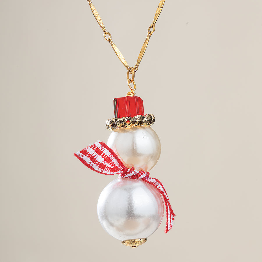 Gingham & Pearl Snowman Necklace