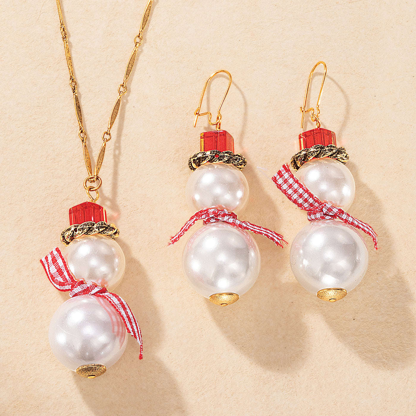 Gingham & Pearl Snowman Earrings