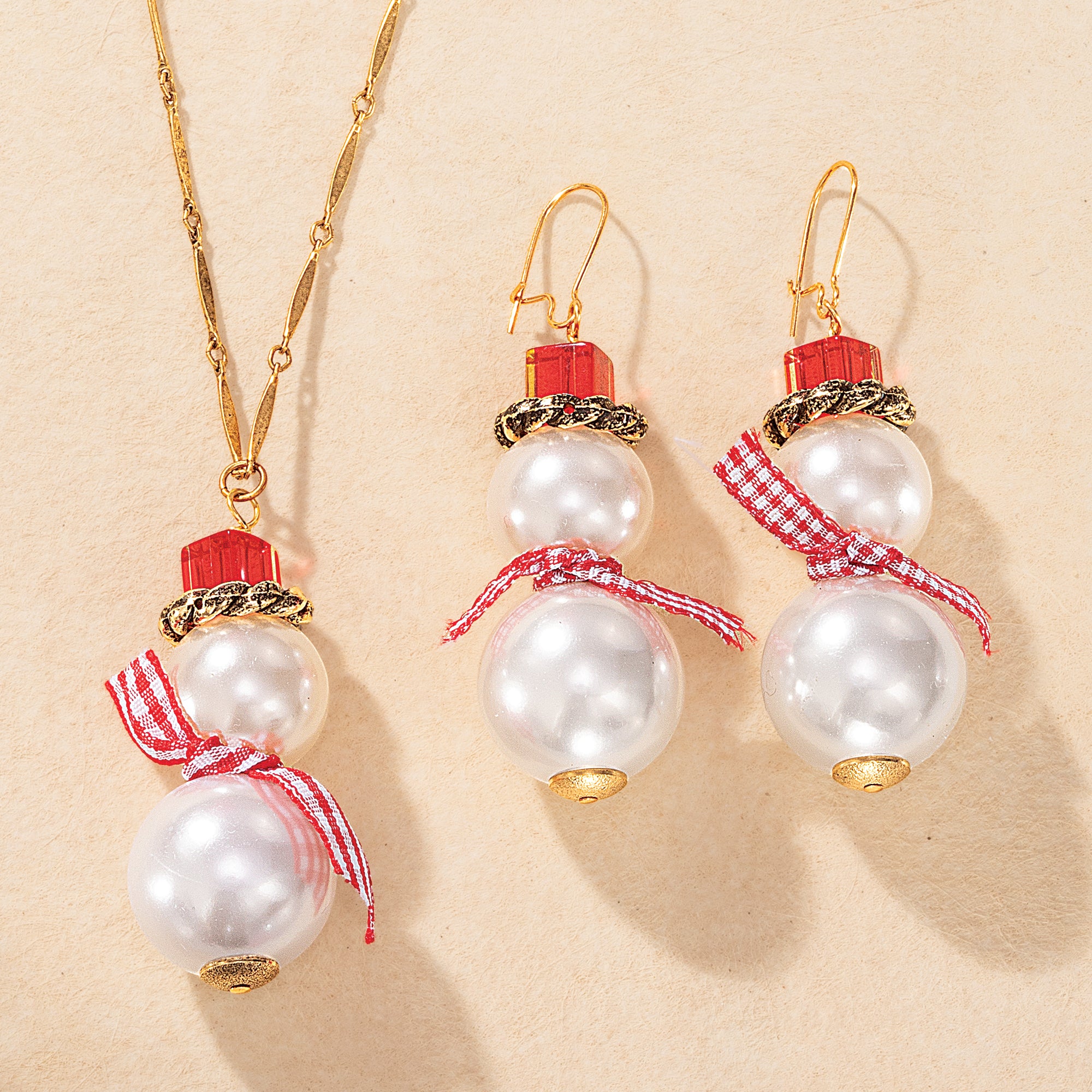 Gingham & Pearl Snowman Earrings