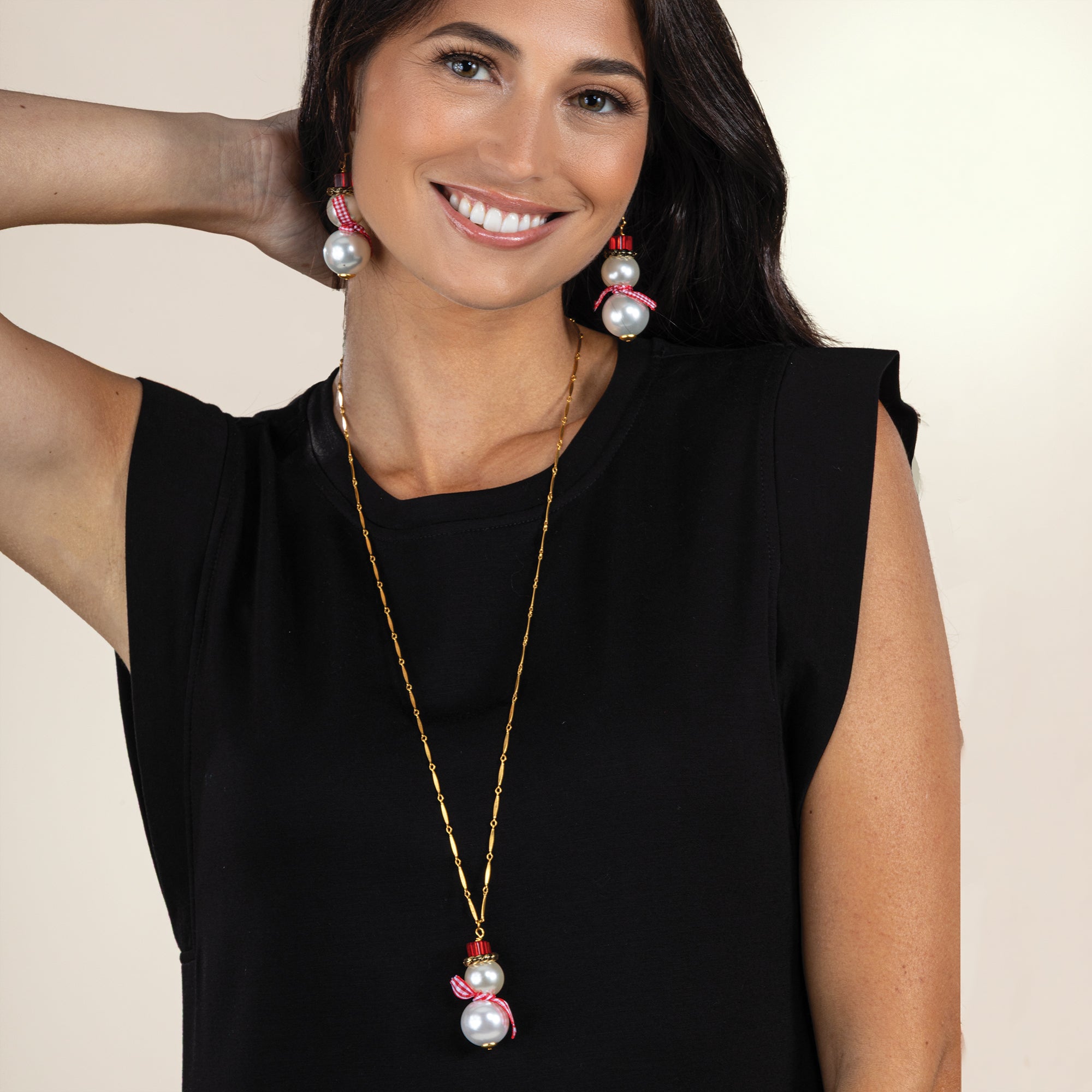 Gingham & Pearl Snowman Earrings