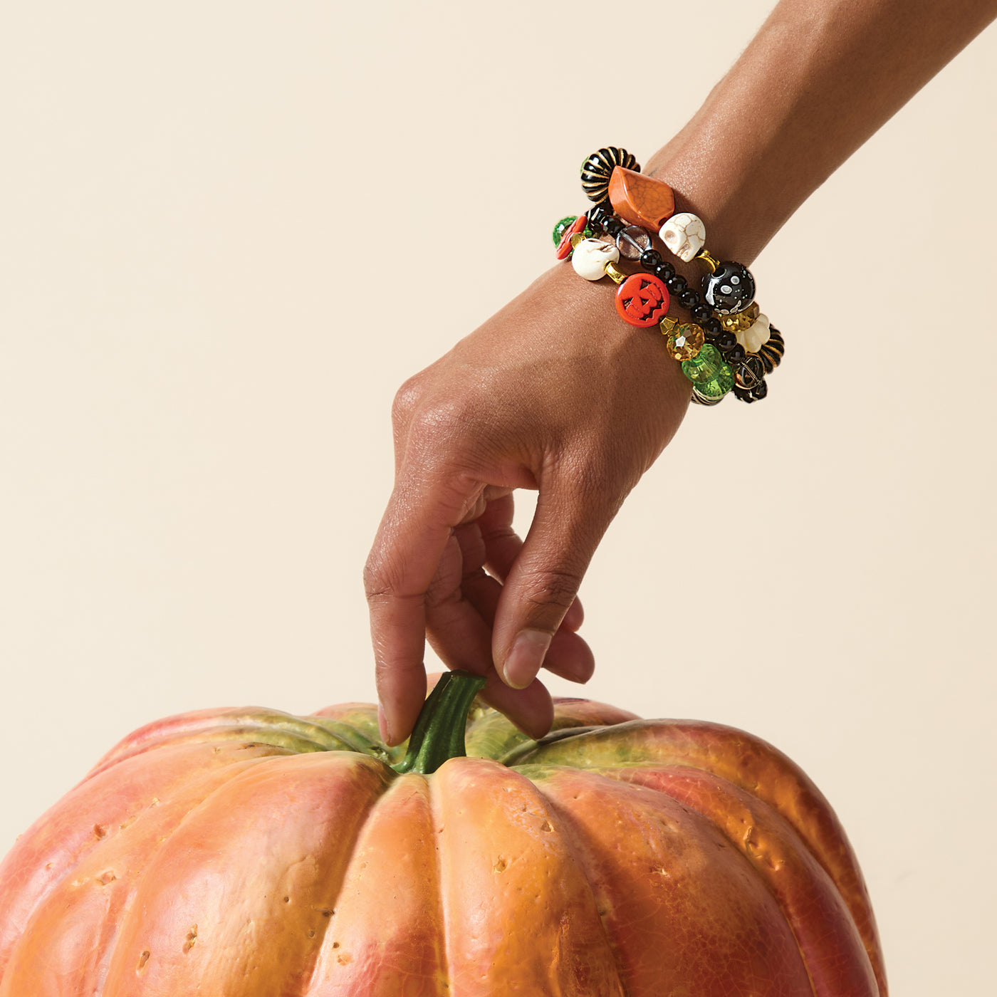 Enchanted Elegance Carved Pumpkins Beaded Bracelets, Set of 3