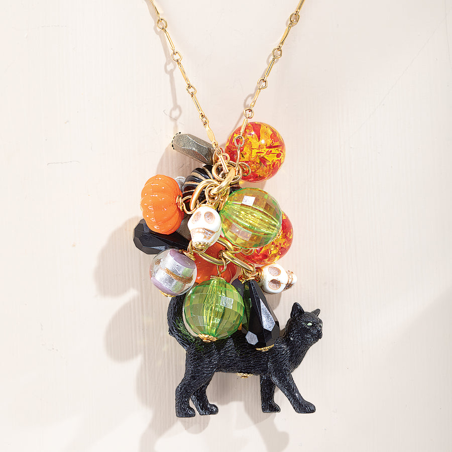 Enchanting Elegance Black Cat Carved Pumpkin Necklace