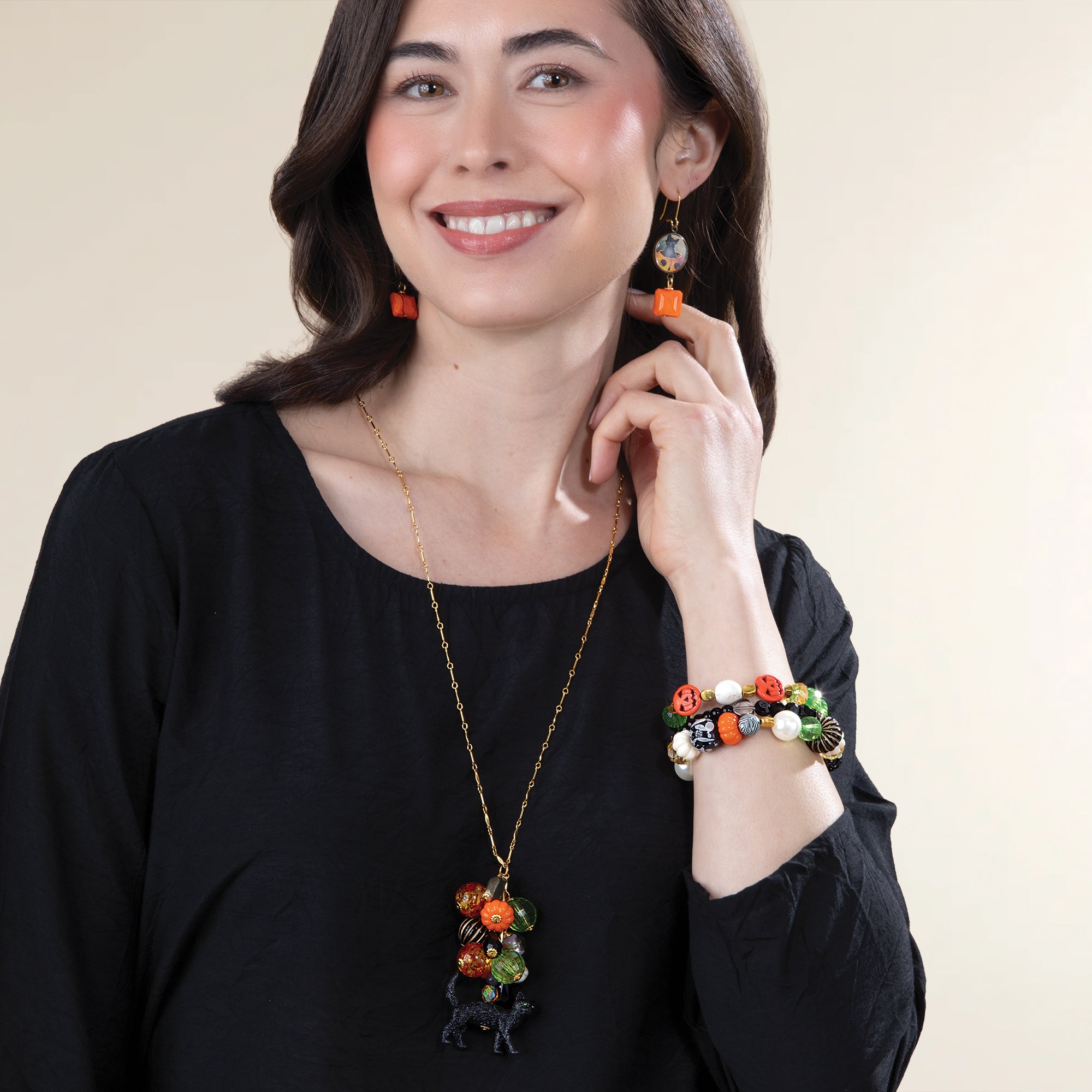 Enchanting Elegance Black Cat Carved Pumpkin Necklace