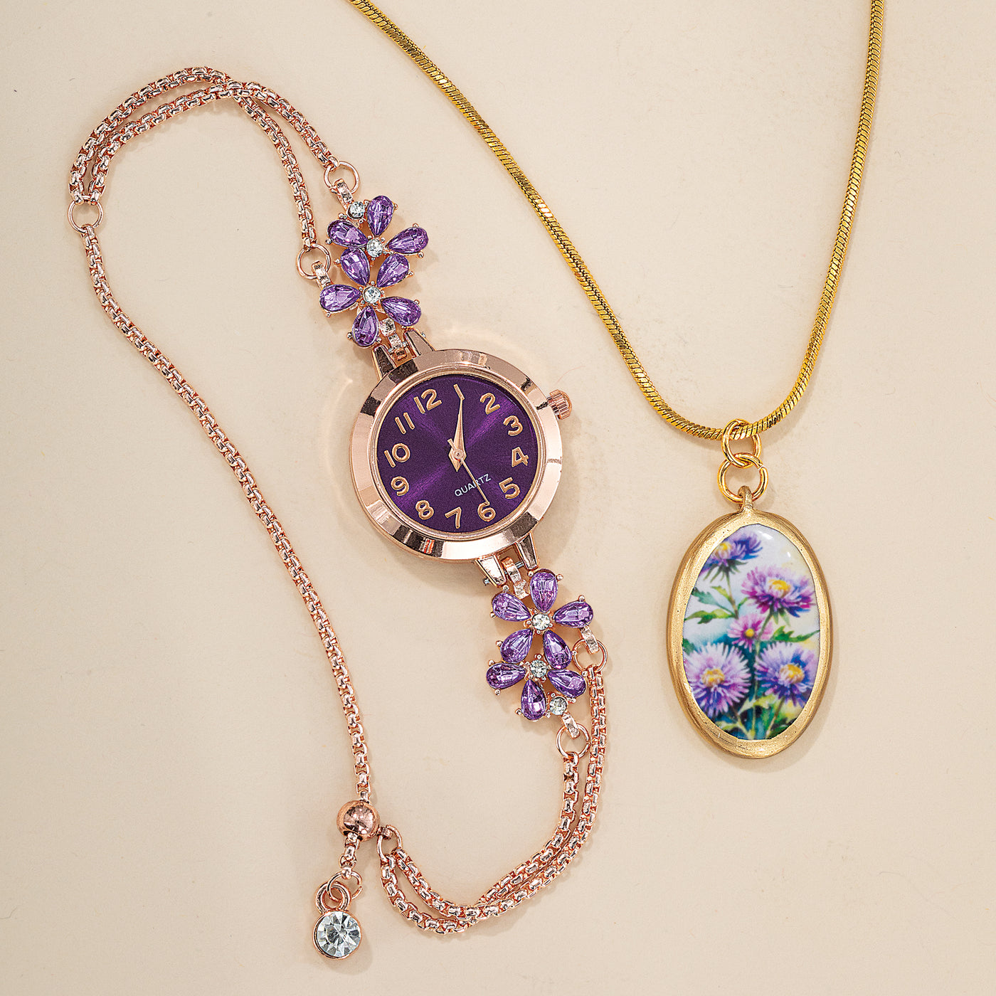 Crystal Petals Double Chain Bracelet Watch (Preorder)