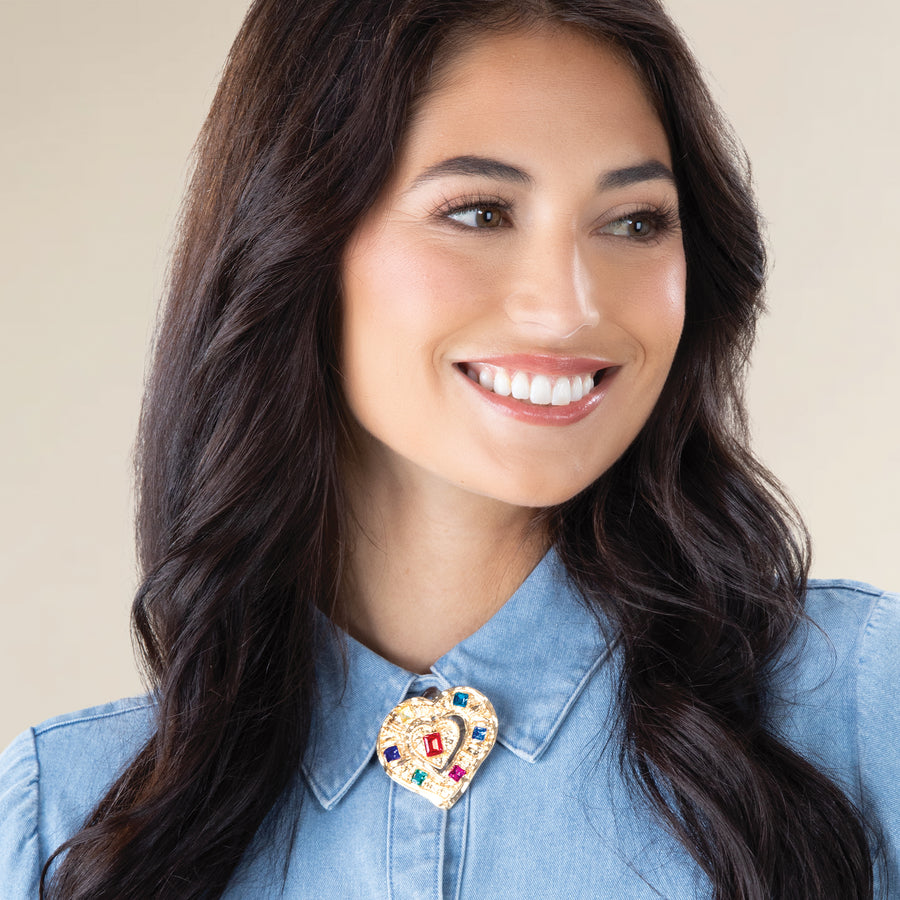 Colorful Crystals Heart Brooch