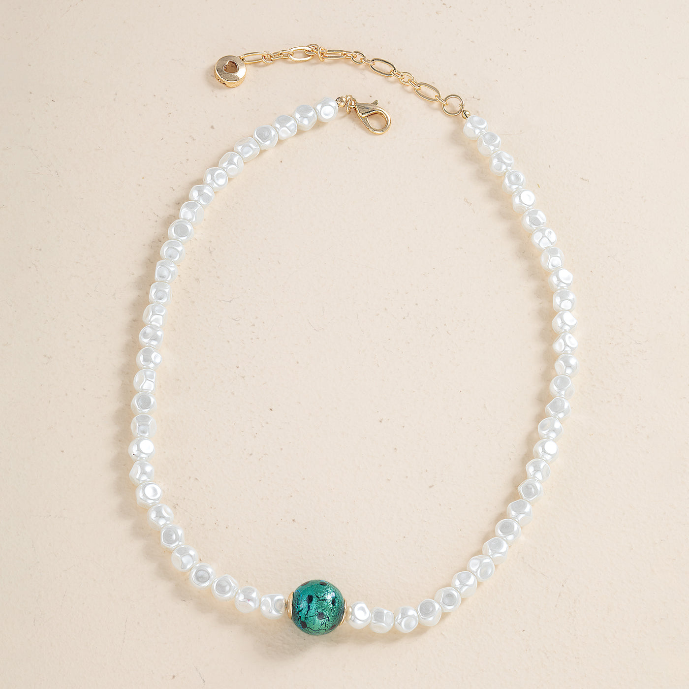 Murano Glass Green Bead Organic Pearl Necklace